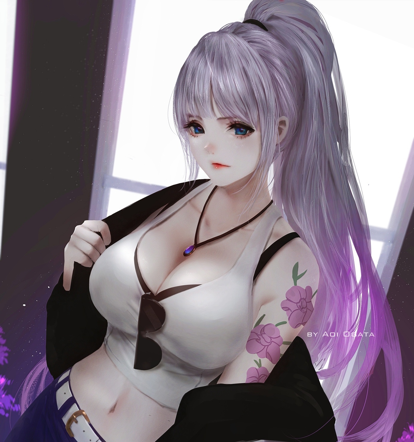 Aoi Ogata with a ponytail and tattoo HD Wallpaper