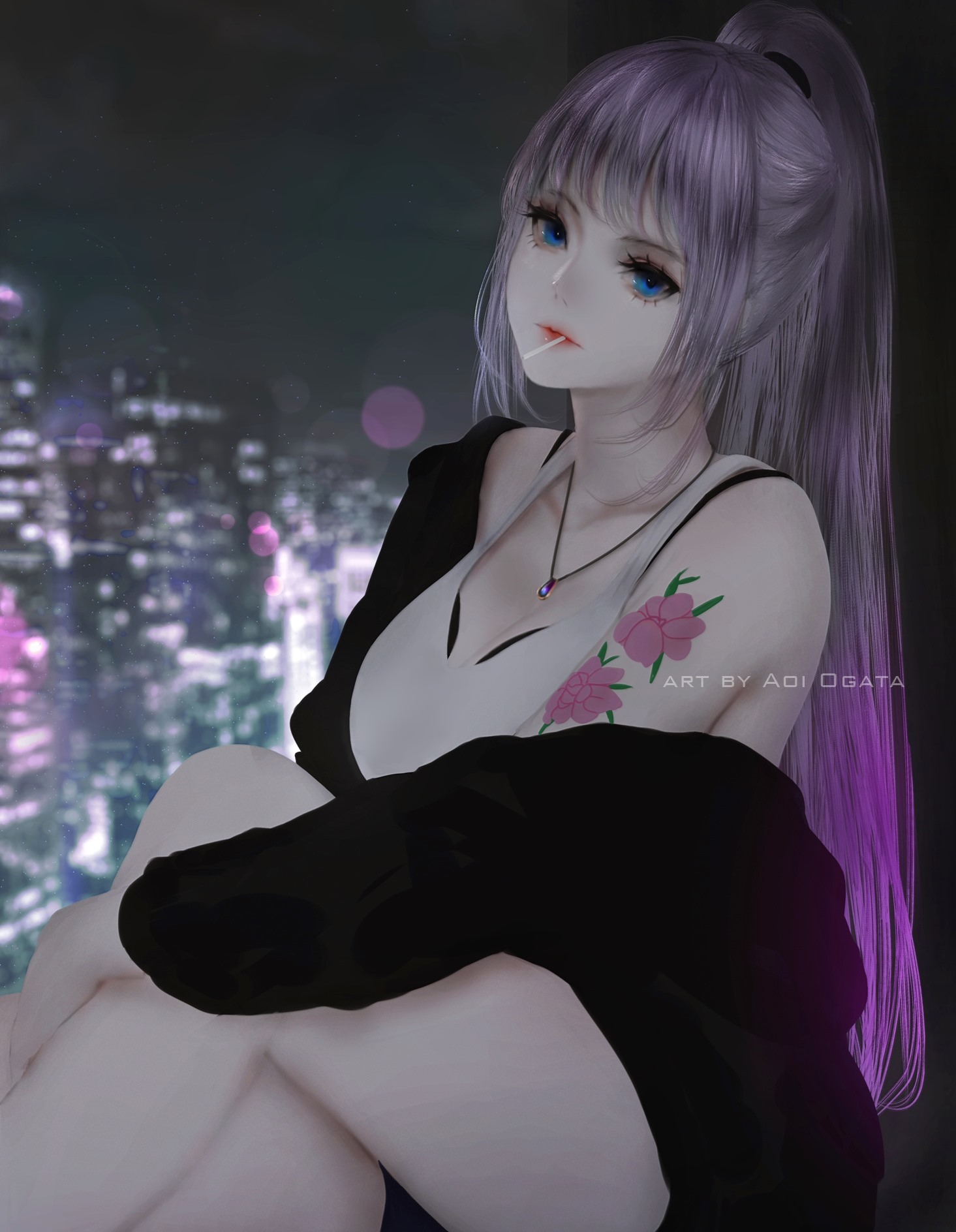 Anime girl with purple hair and tattoo by Aoi Ogata HD Phone Wallpaper