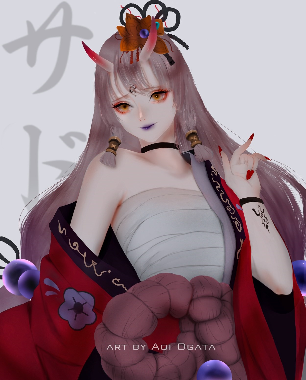 Aoi Ogata's Oni girl with horns and red kimono HD Phone Wallpaper