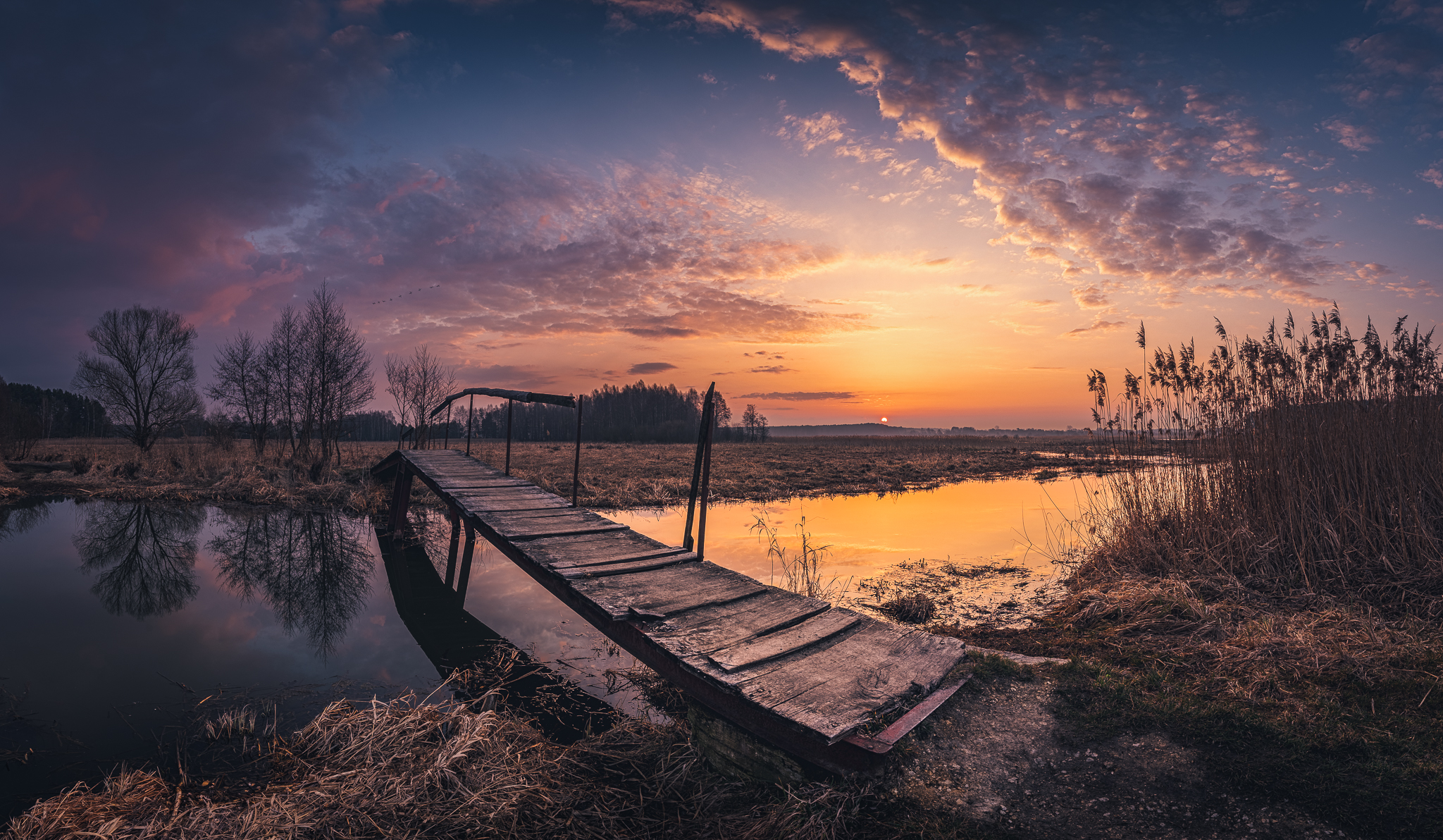 Wooden bridge over water at sunset HD Wallpaper