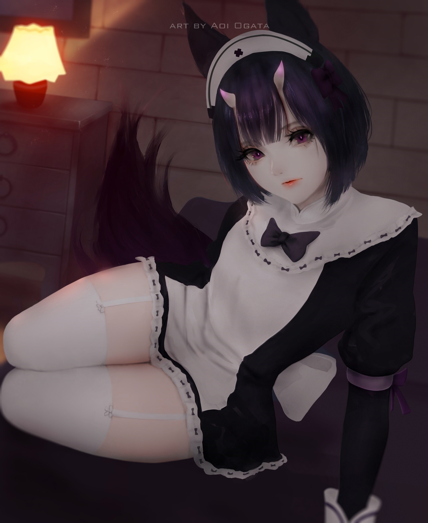 Maid with horns and stockings by Aoi Ogata HD Phone Wallpaper