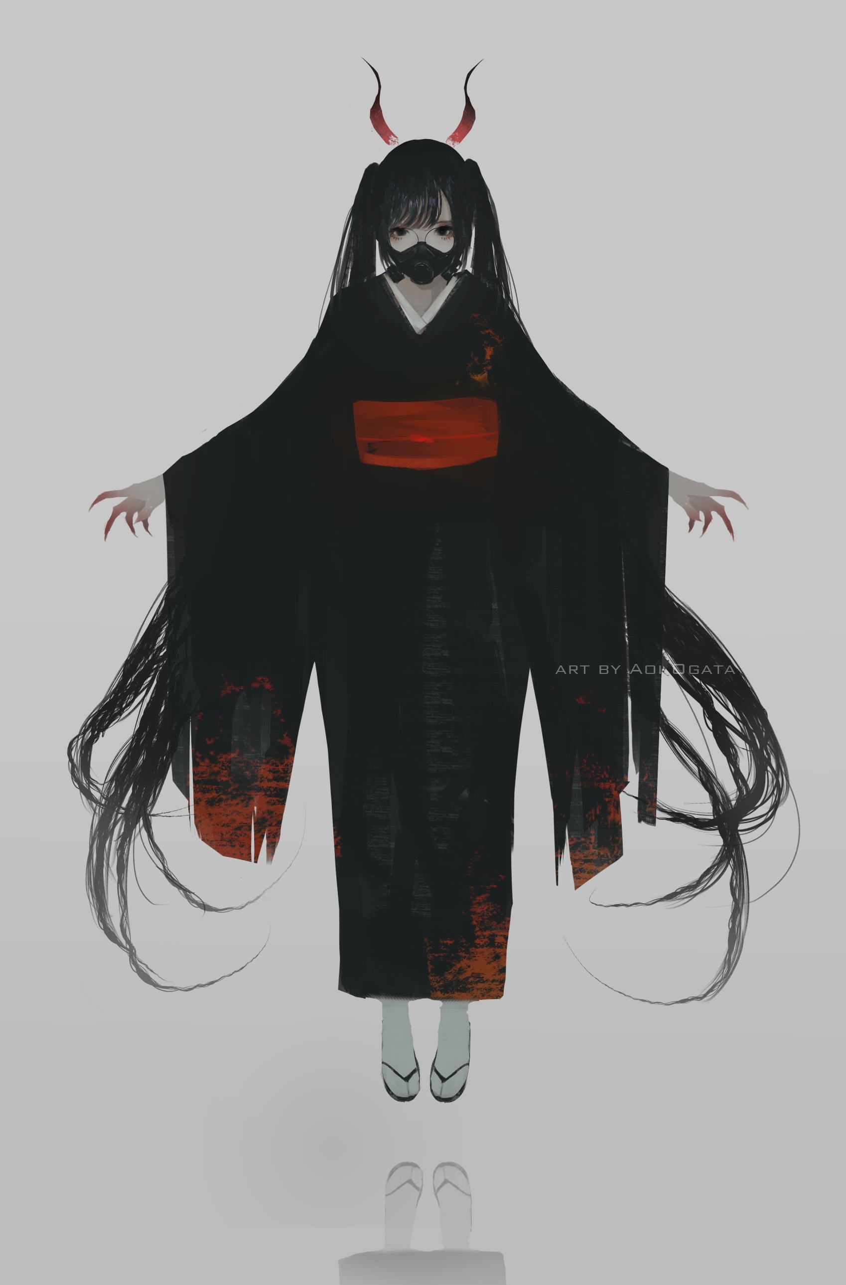 Aoi Ogata's Demon Girl in Black Kimono with Mask and Horns HD Phone Wallpaper