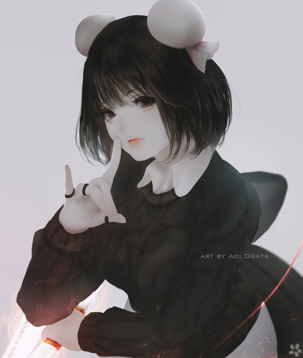 Anime girl with black hair and mouse ears by Aoi Ogata HD Phone Wallpaper