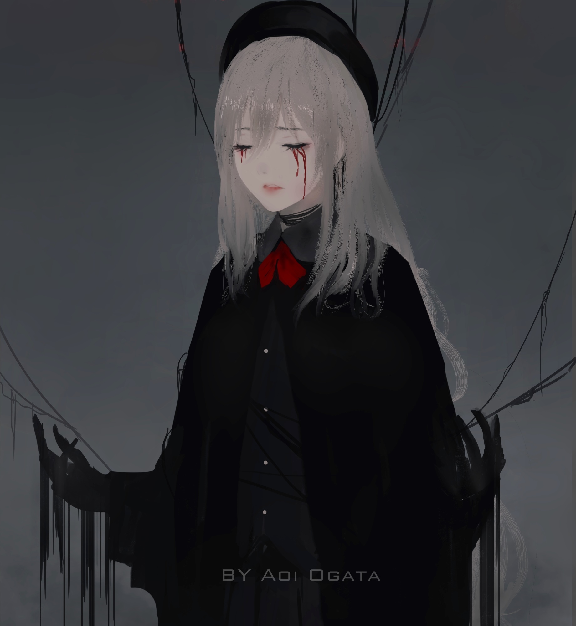 Aoi Ogata with blood dripping from closed eyes HD Wallpaper