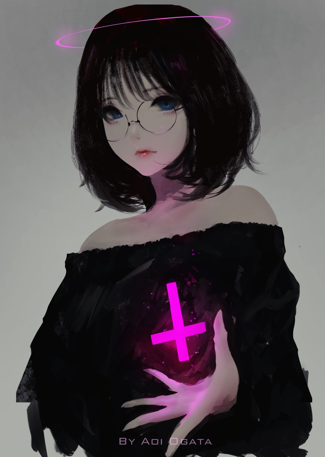 Aoi Ogata with a glowing inverted cross and halo HD Phone Wallpaper