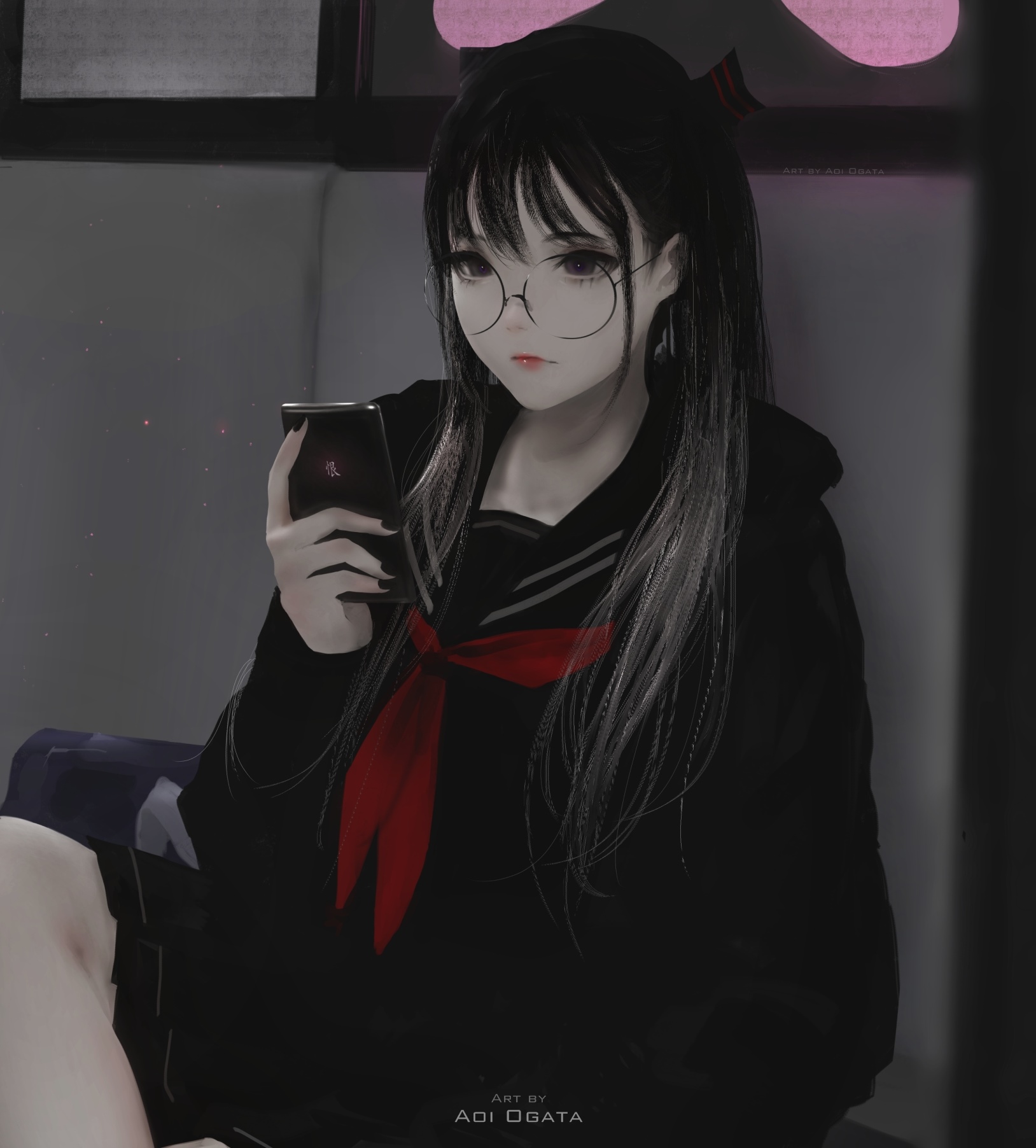 Aoi Ogata with glasses holding a phone HD Wallpaper