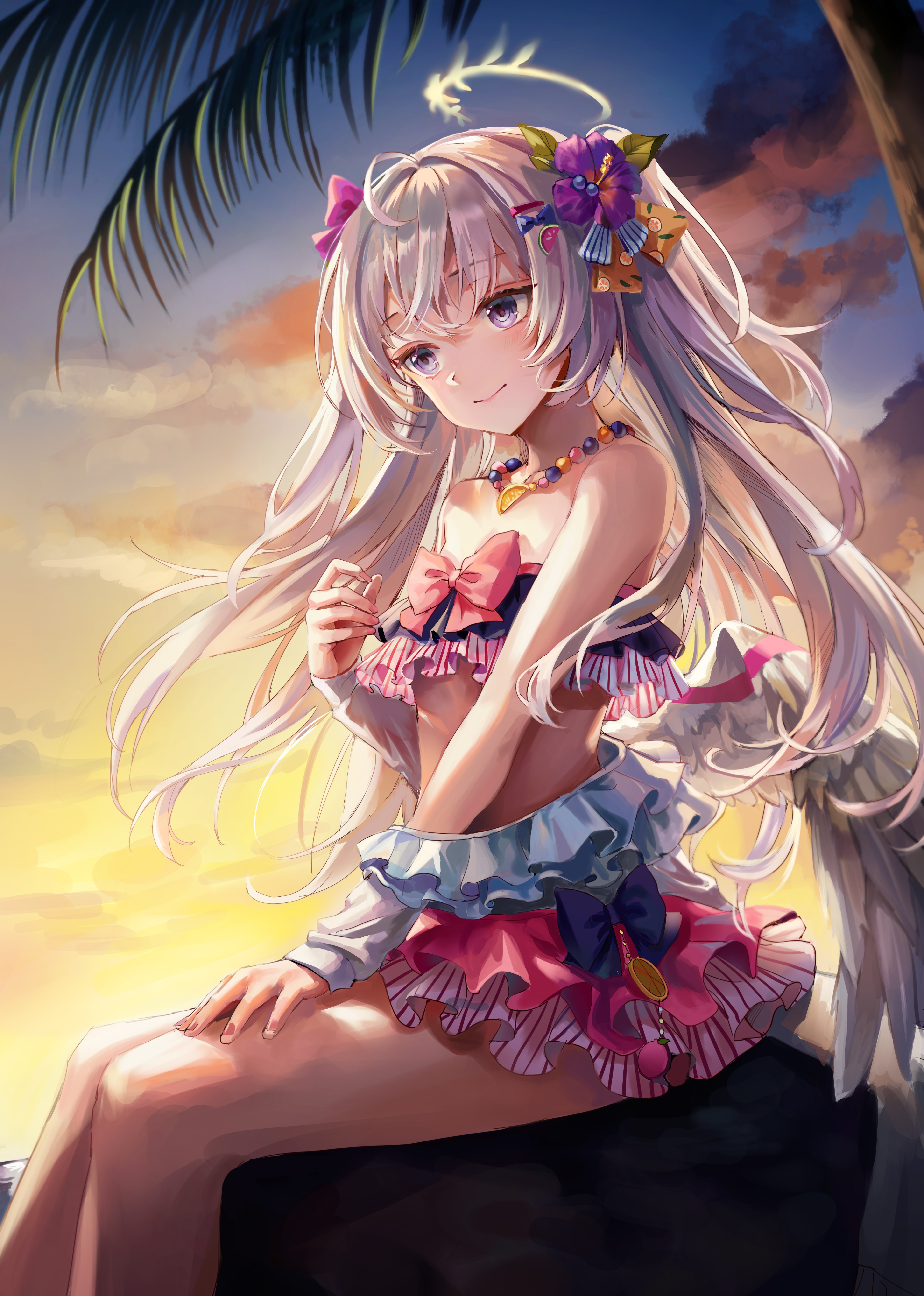 Anime girl in bikini with halo and flowers at sunset HD Phone Wallpaper