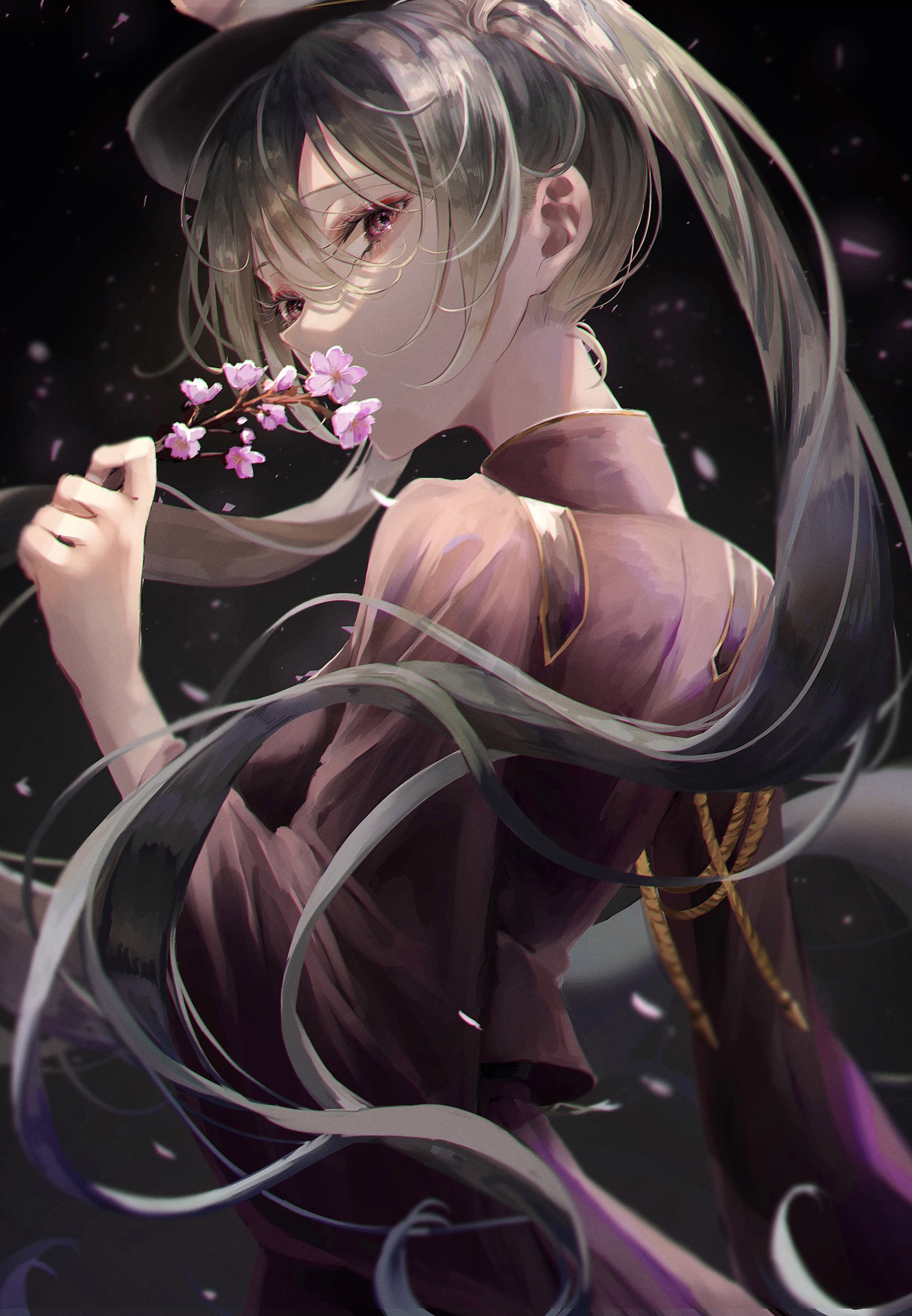 Hatsune Miku holding cherry blossoms with petals falling HD Phone Wallpaper
