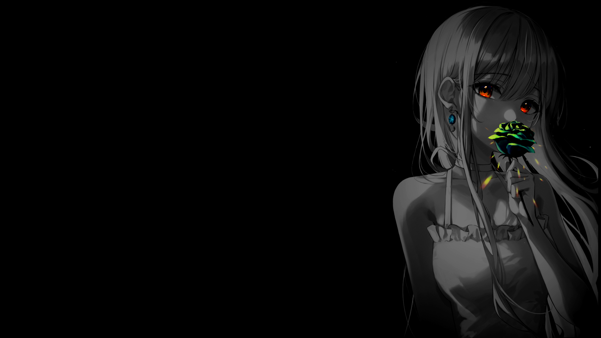 Anime girl with orange eyes holding a rose HD Wallpaper