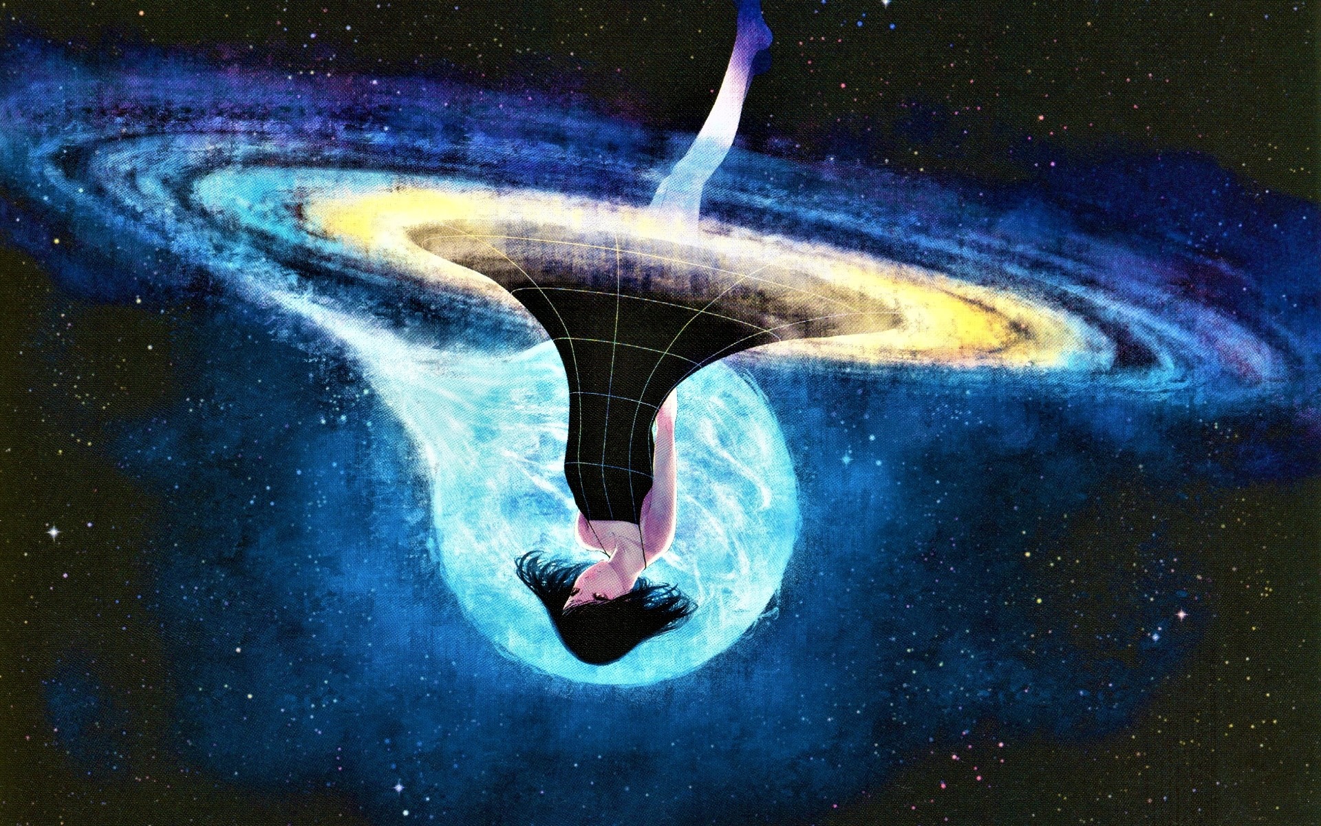 Anime girl falling into a galaxy vortex HD Wallpaper
