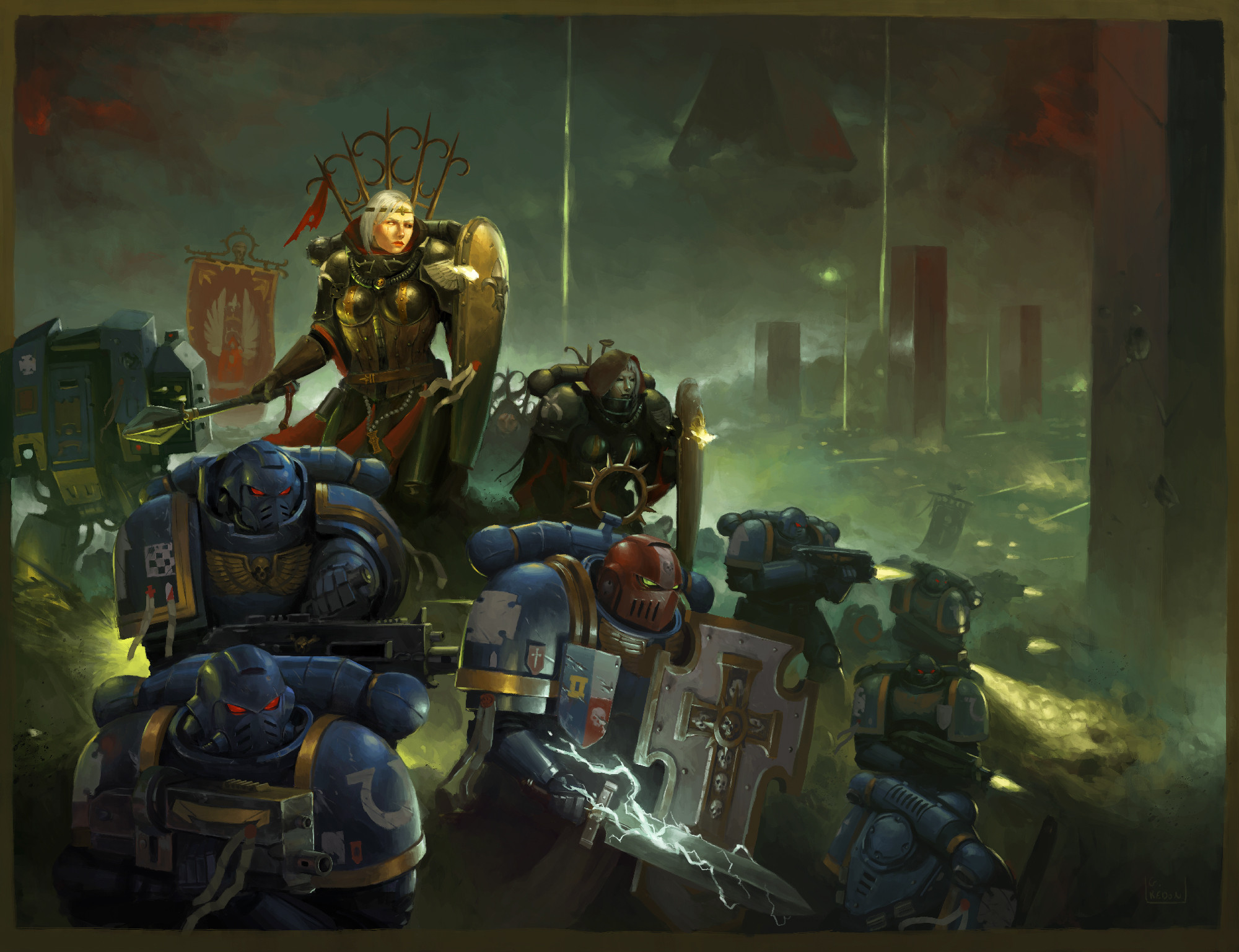 Warhammer 40,000: Adepta Sororitas and Space Marines in battle HD Wallpaper