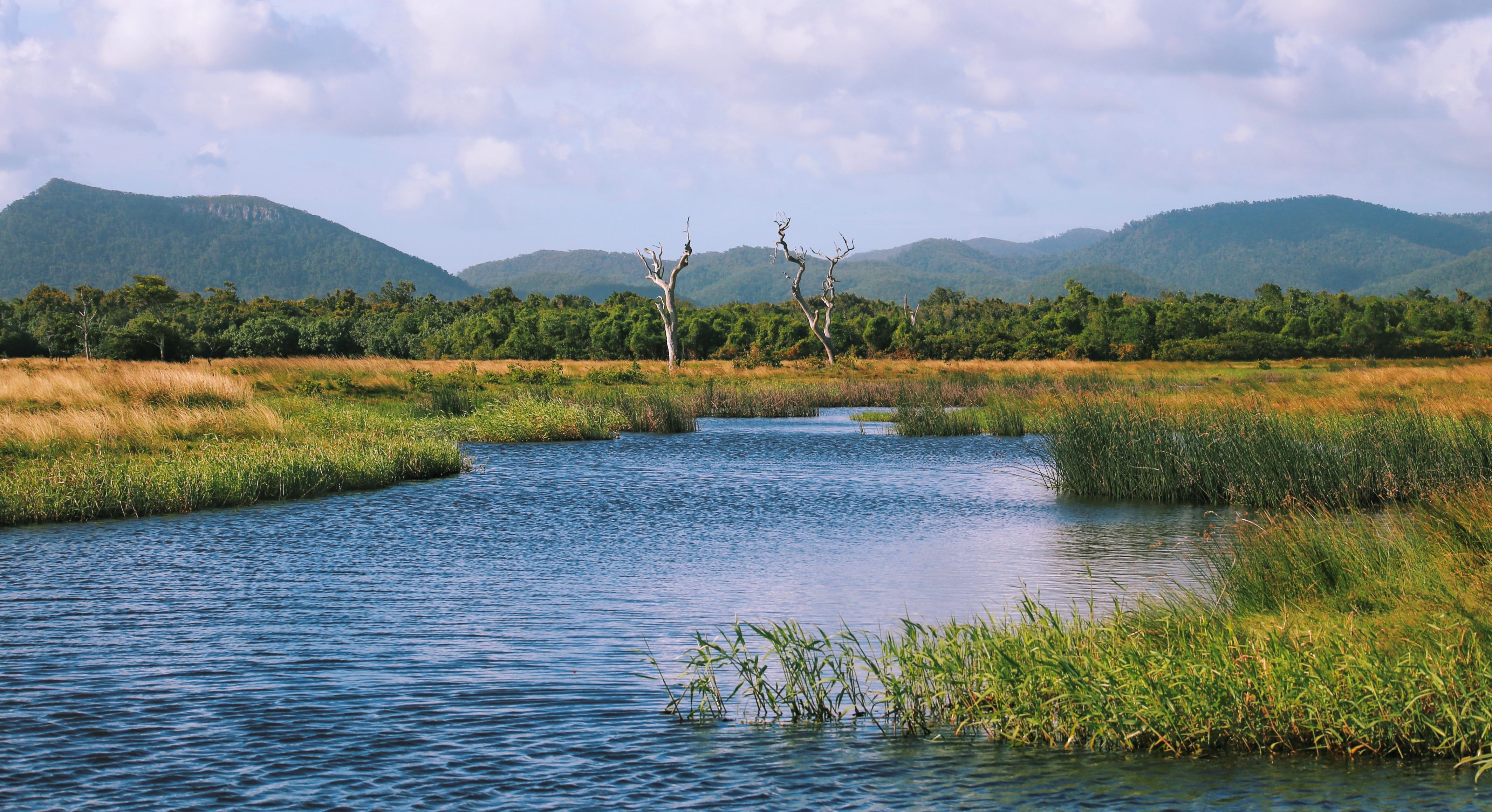 4K Wetland Landscape with Lake and Mountains in Australia HD Wallpaper
