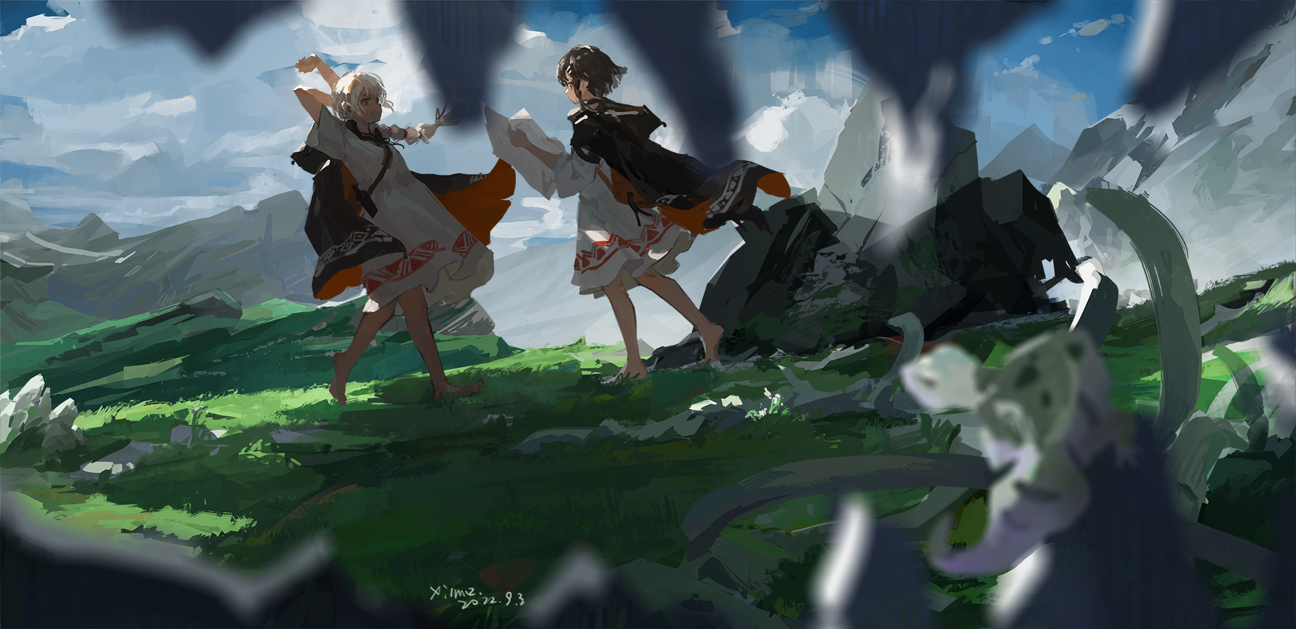 XilmO characters dancing in a mountain landscape HD Wallpaper