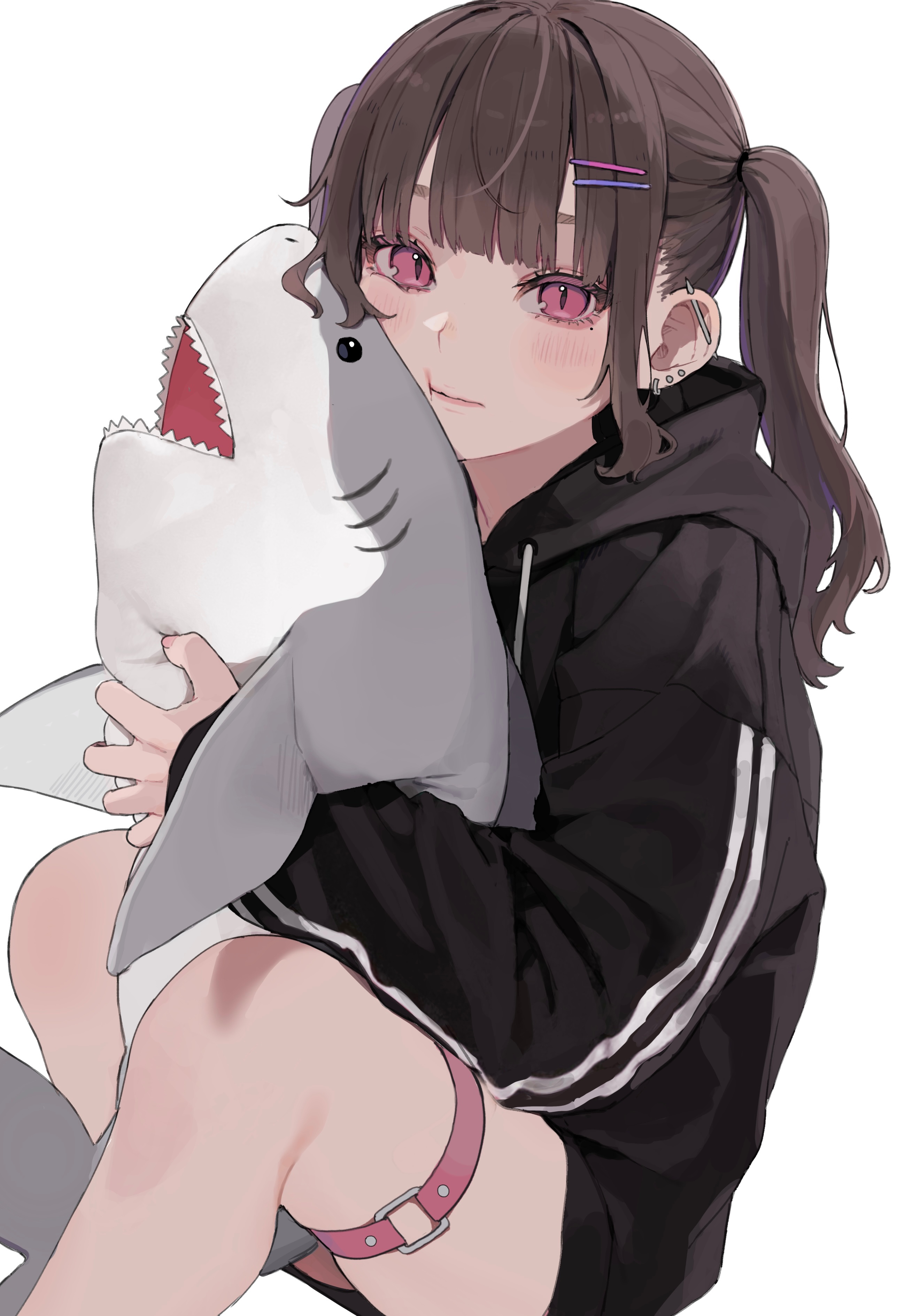 Girl with purple eyes hugging a shark plushie HD Phone Wallpaper