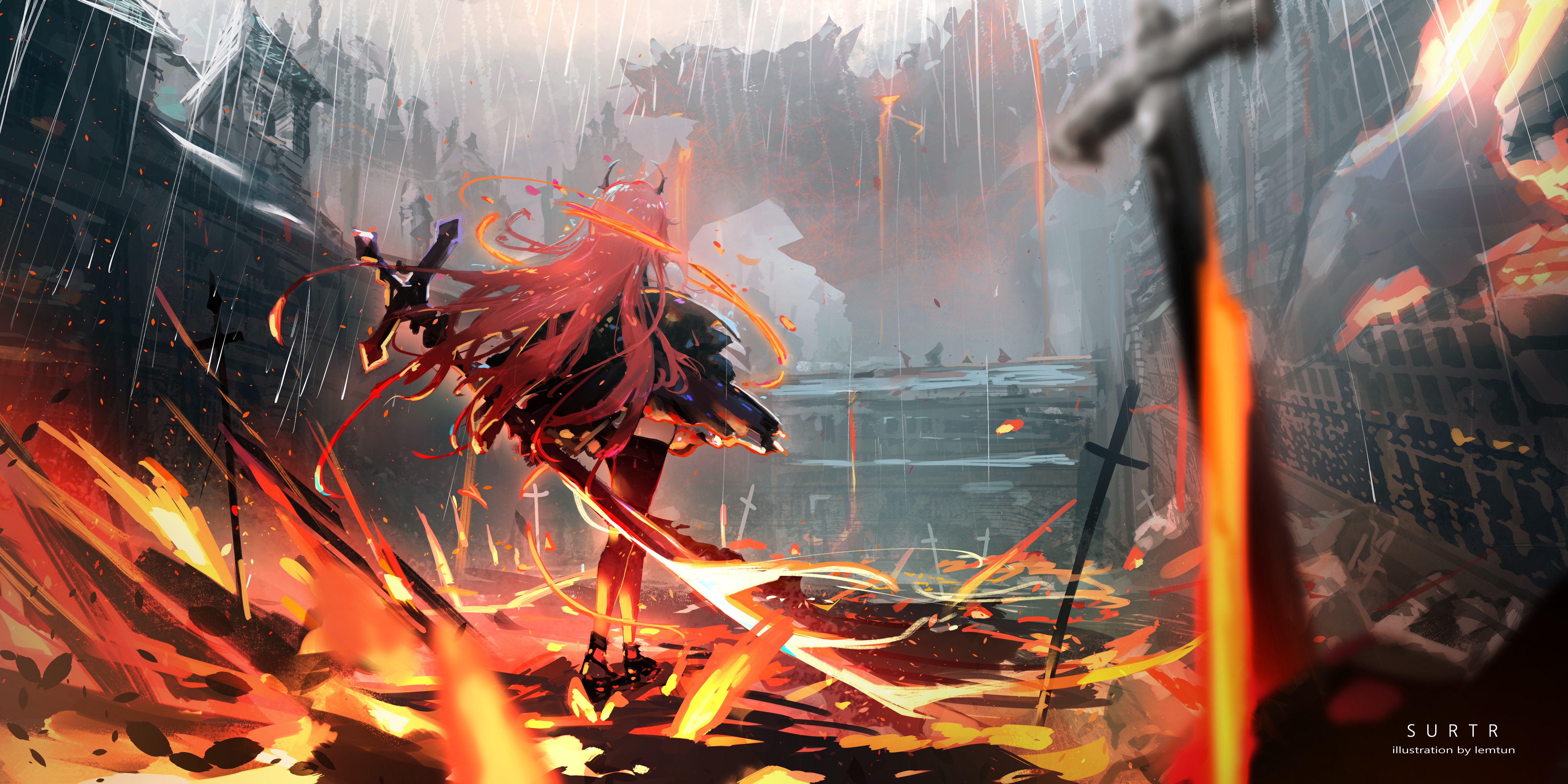 4K Arknights Surtr in Fire and Rain HD Wallpaper