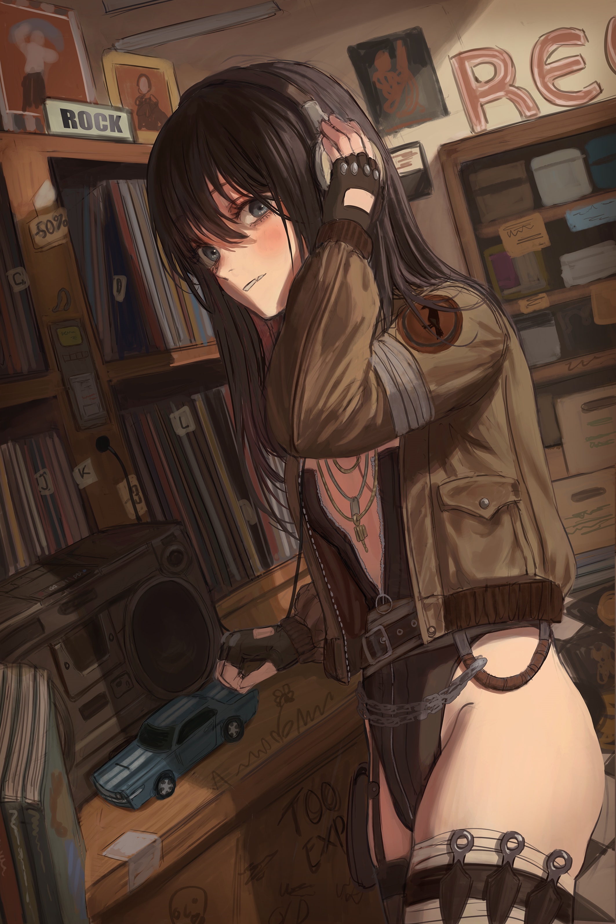 Anime girl with headphones listening to music HD Phone Wallpaper