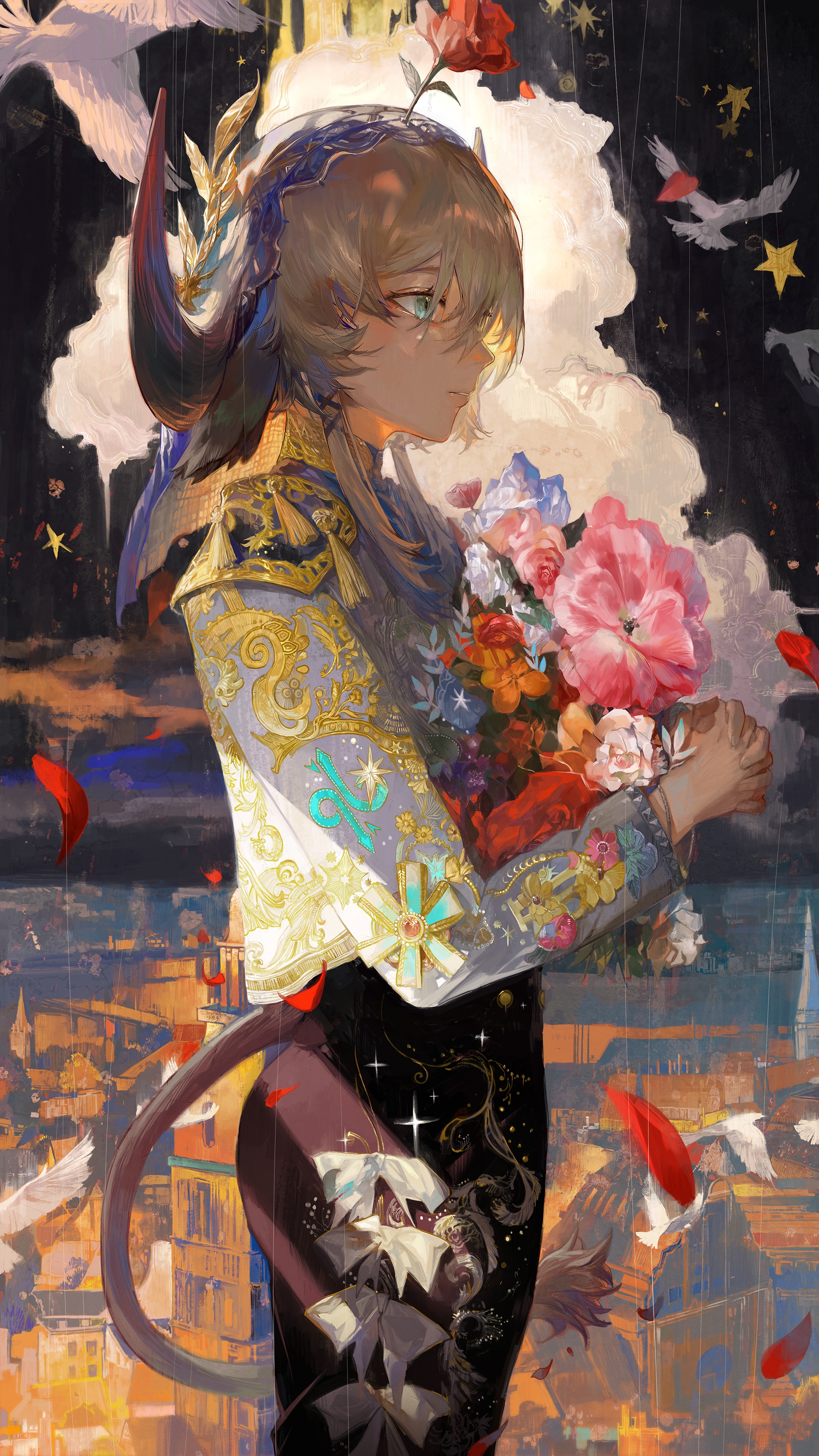 Arknights Pallas holding a bouquet of flowers HD Phone Wallpaper