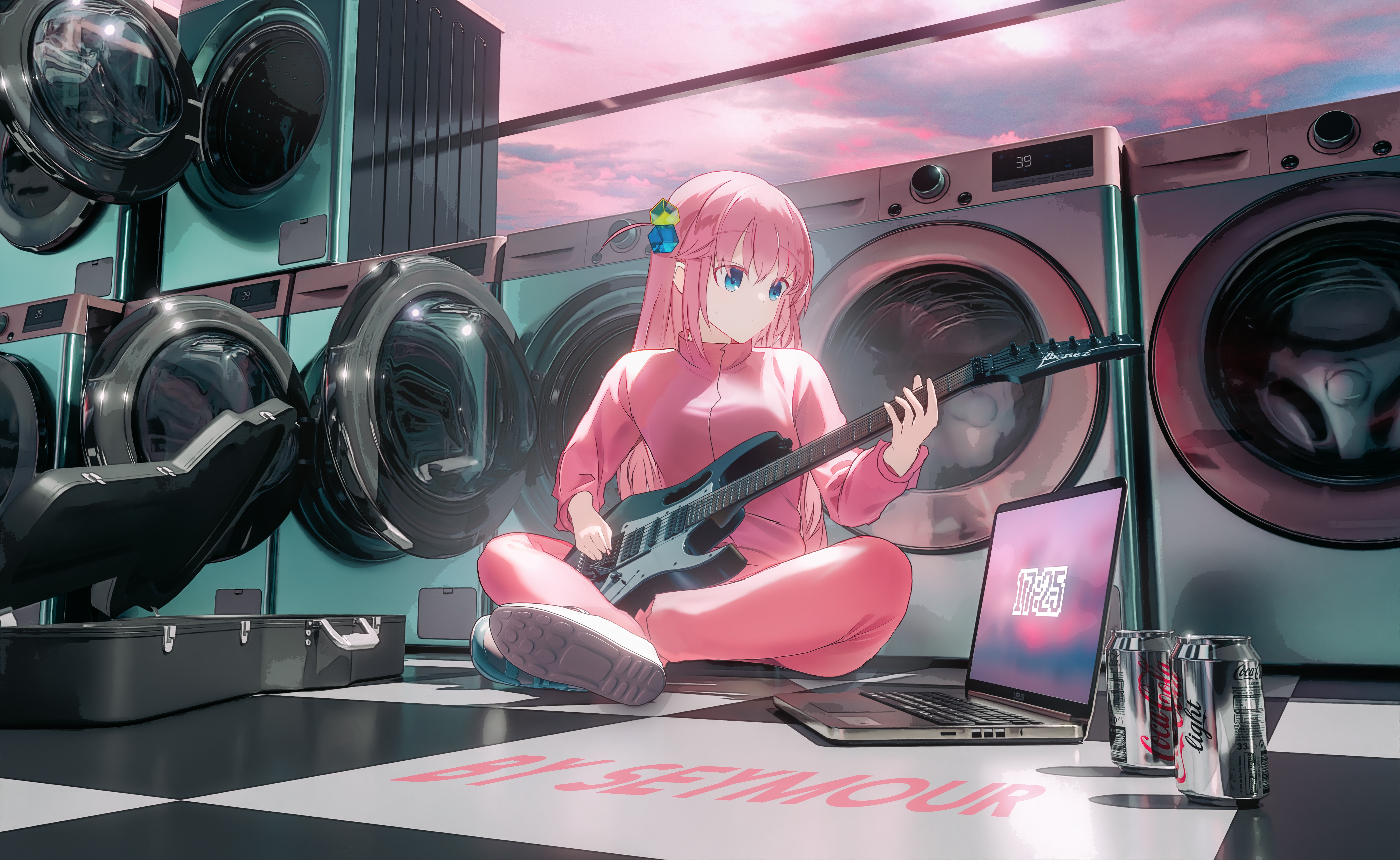 4K BOCCHI THE ROCK! Gotou Hitori plays guitar in laundromat HD Wallpaper