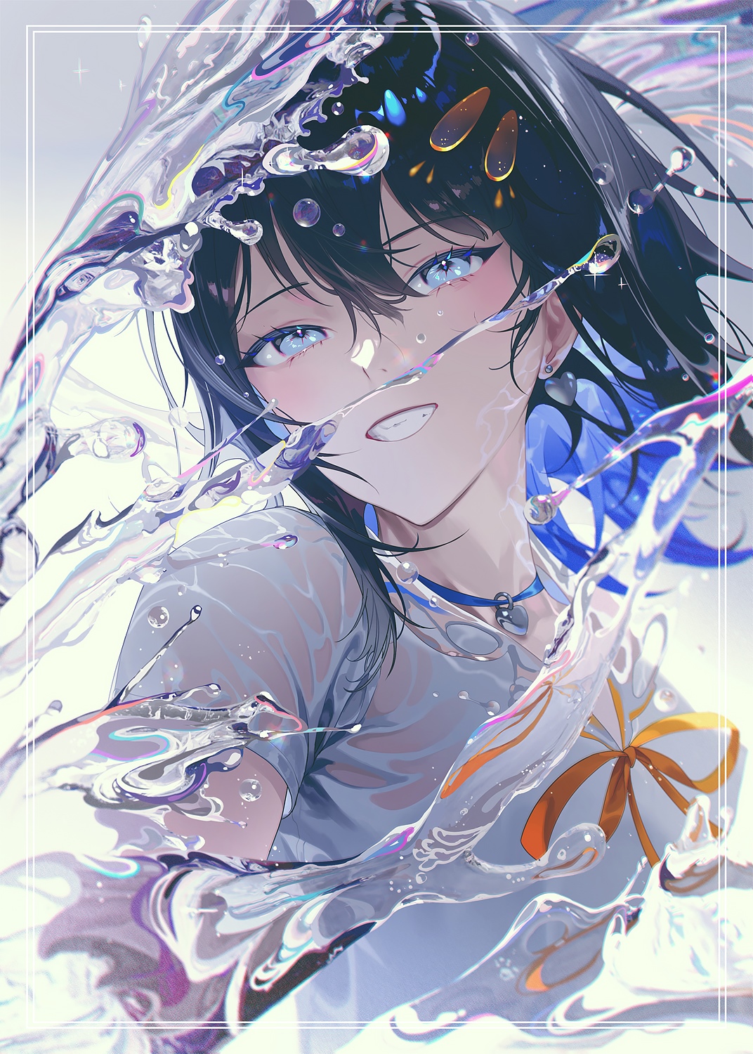 Anime girl with blue eyes and blue hair in water HD Phone Wallpaper