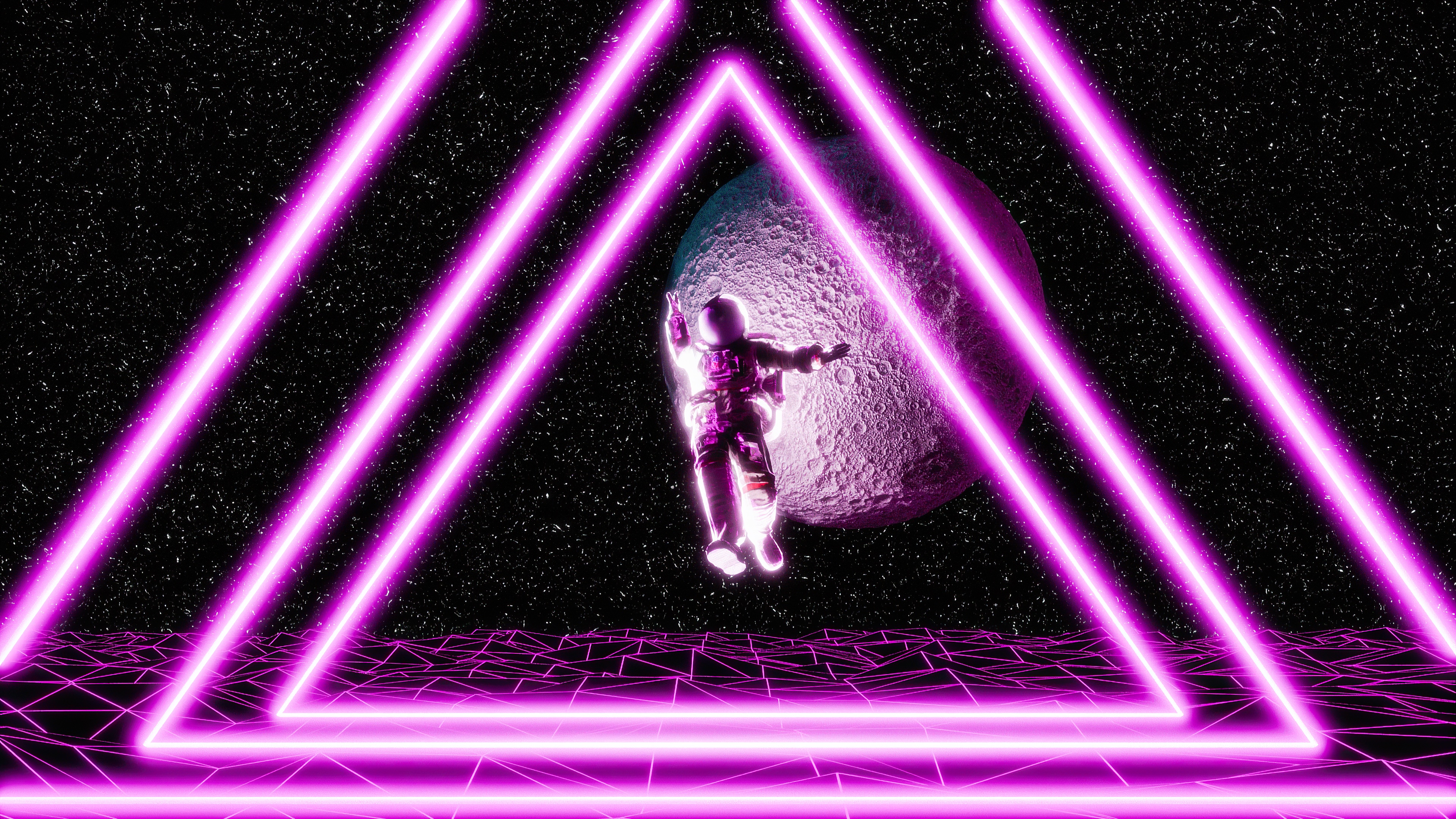 Astronaut in Space with Neon Triangles and Moon HD Wallpaper