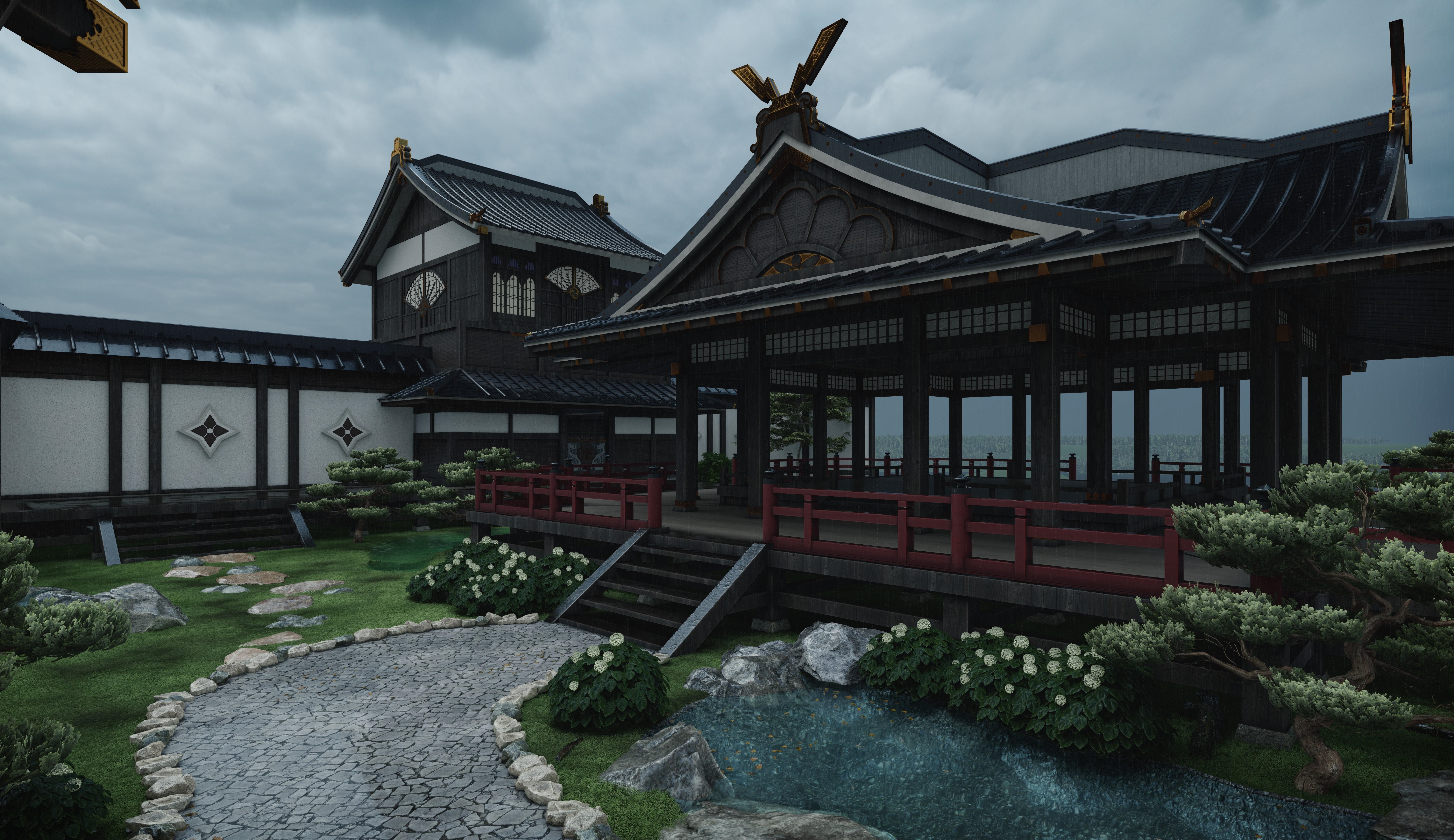 4K Asian architecture garden with pond and walkway HD Wallpaper