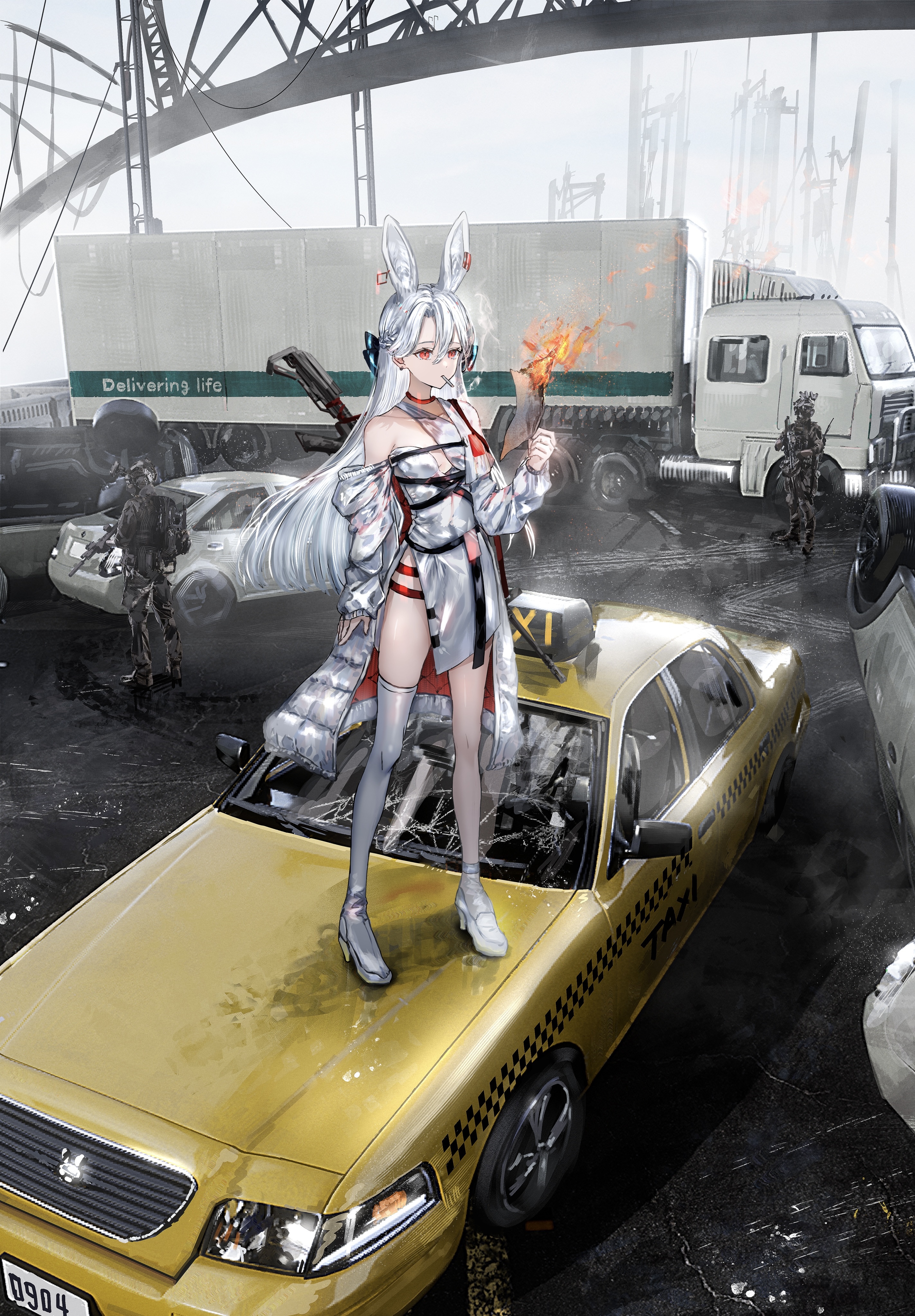 Girl with bunny ears and gun on a taxi HD Phone Wallpaper