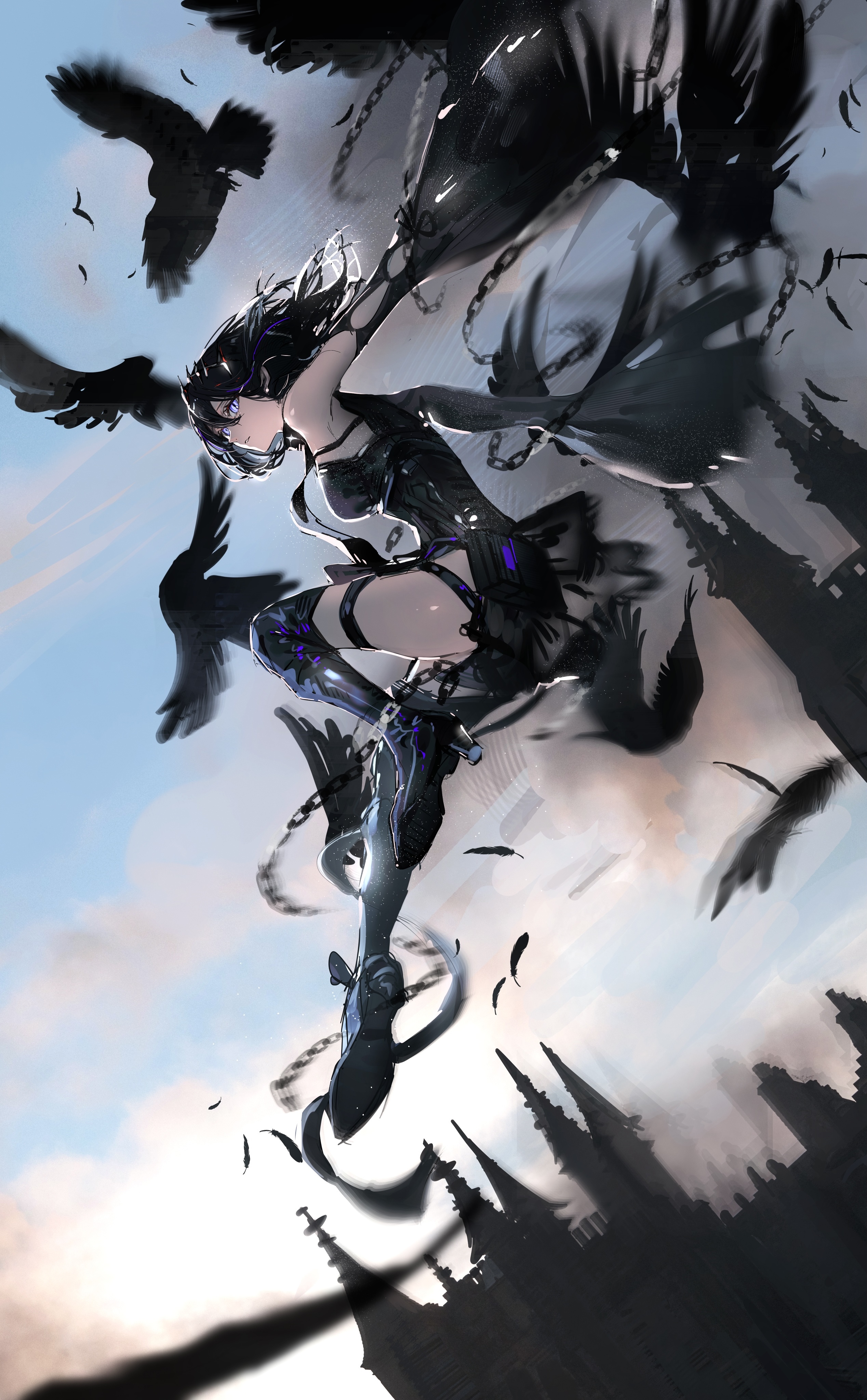 Anime girl with black wings and crows HD Phone Wallpaper