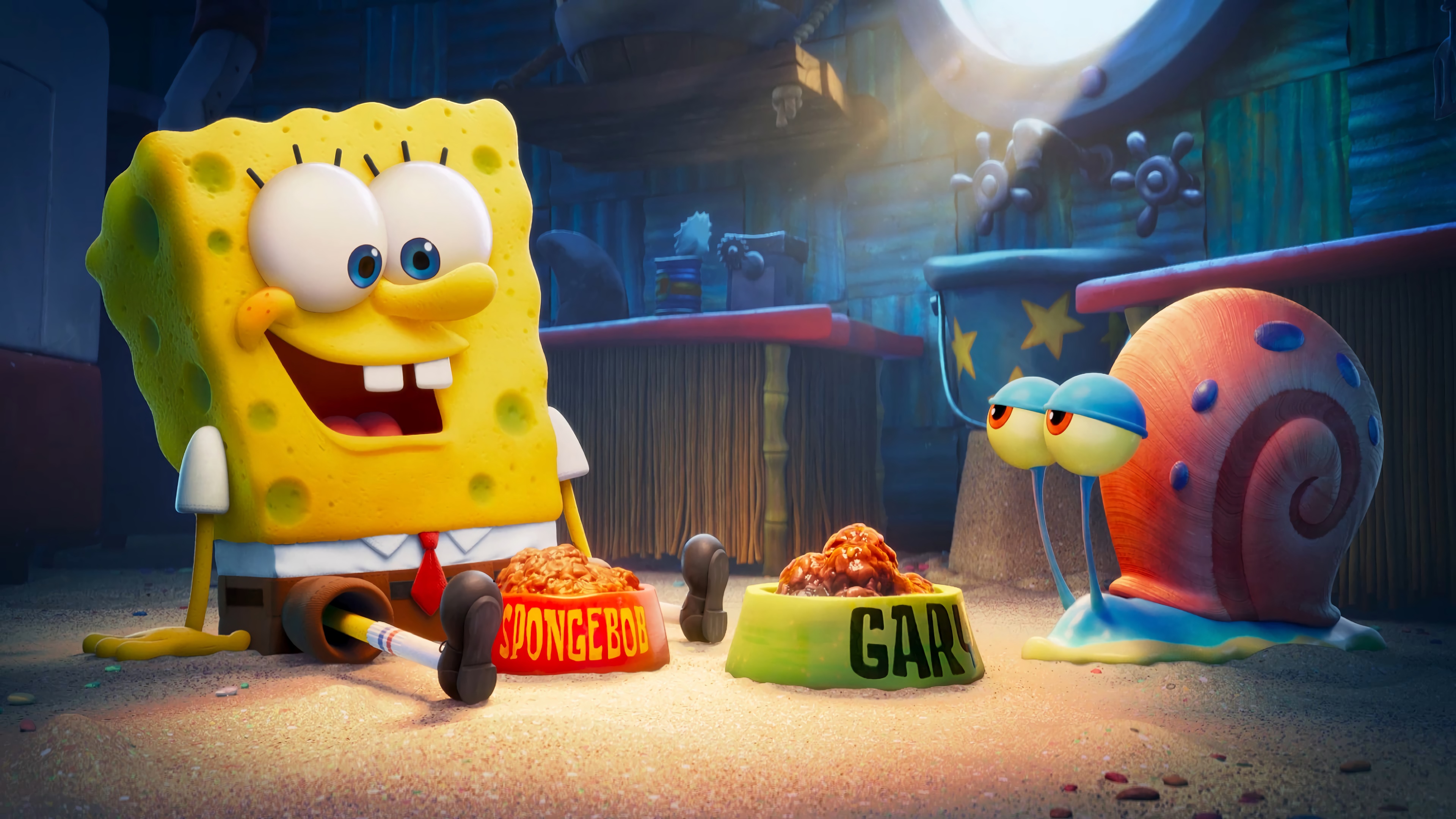 4K Spongebob and Gary with food bowls HD Wallpaper