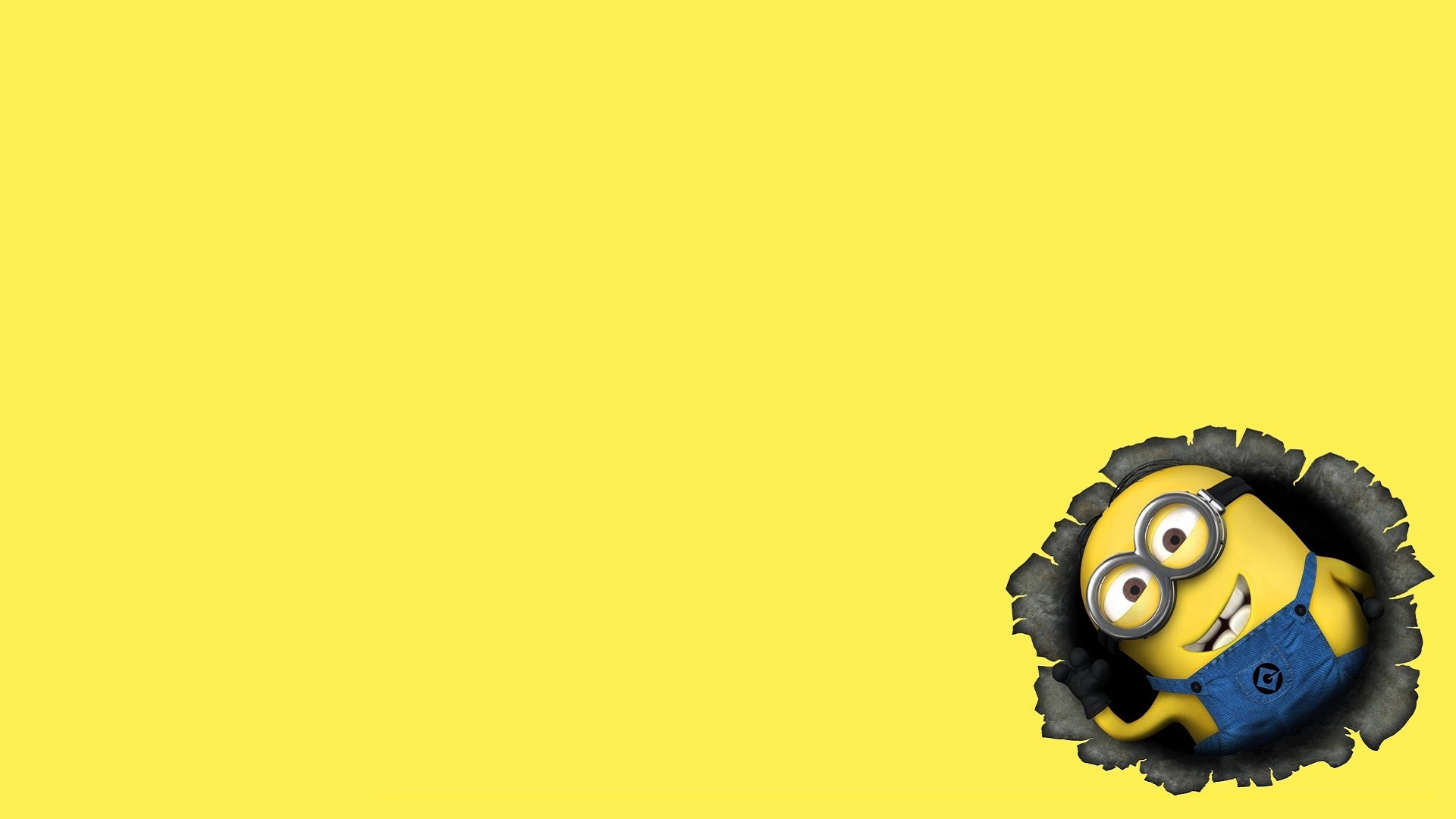 Minion peeking through a hole in a yellow background HD Wallpaper