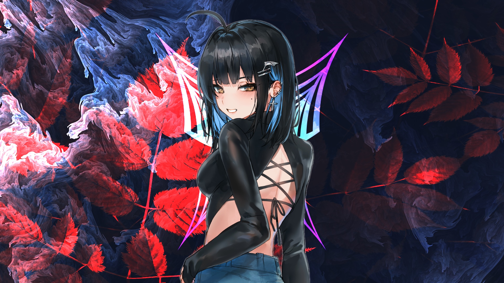 Anime girl with black top and blue hair streaks HD Wallpaper