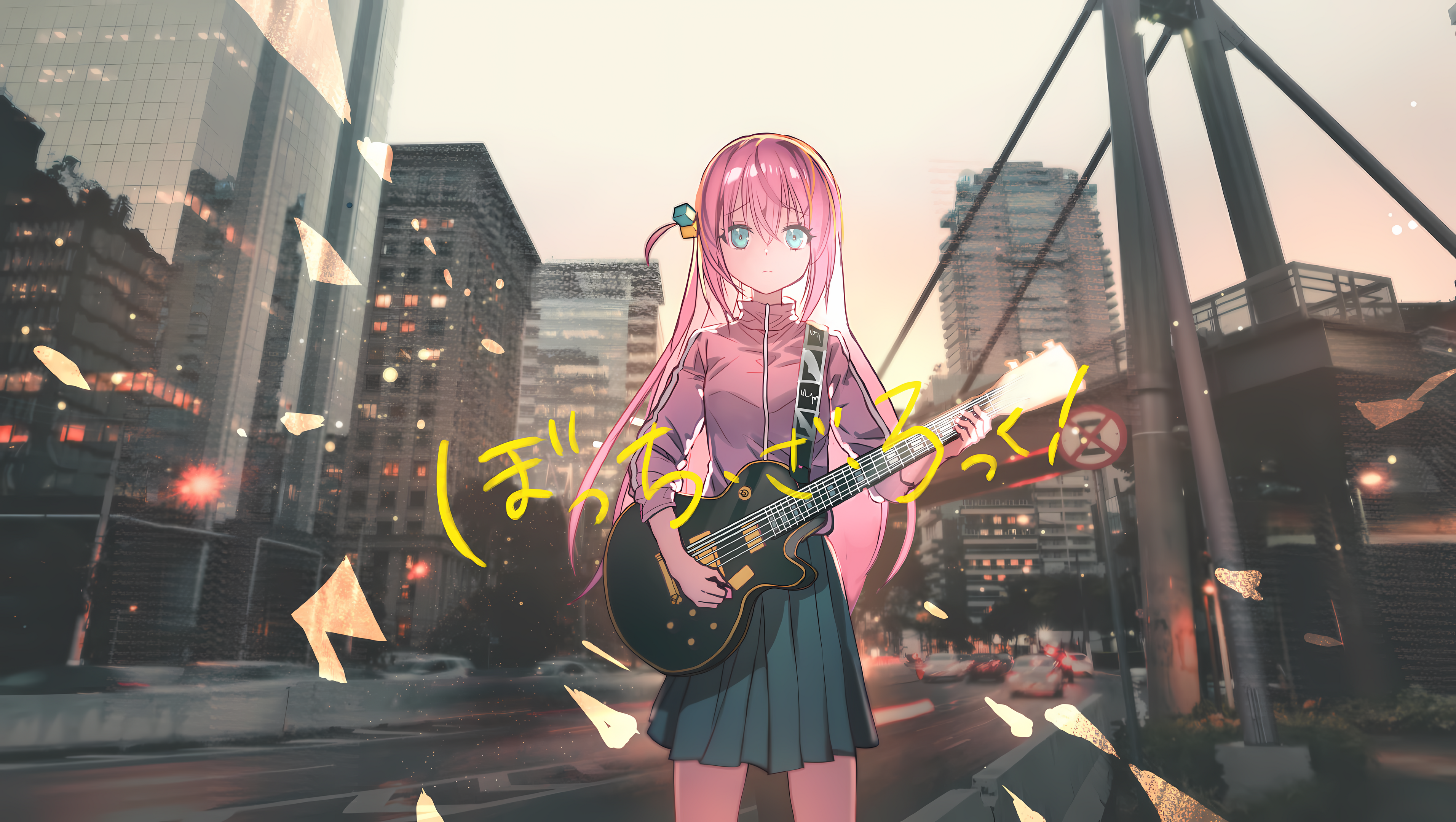 BOCCHI THE ROCK! Hitori Gotou playing guitar in city HD Wallpaper
