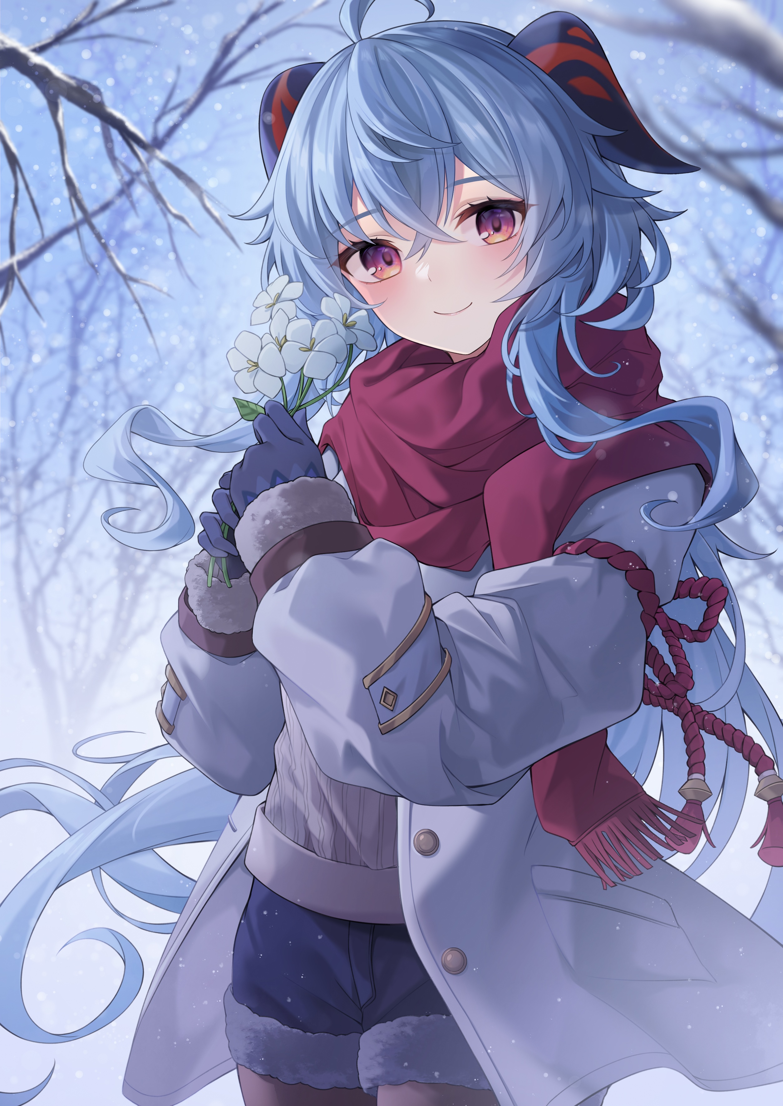 Ganyu from Genshin Impact holding flowers in the snow HD Phone Wallpaper