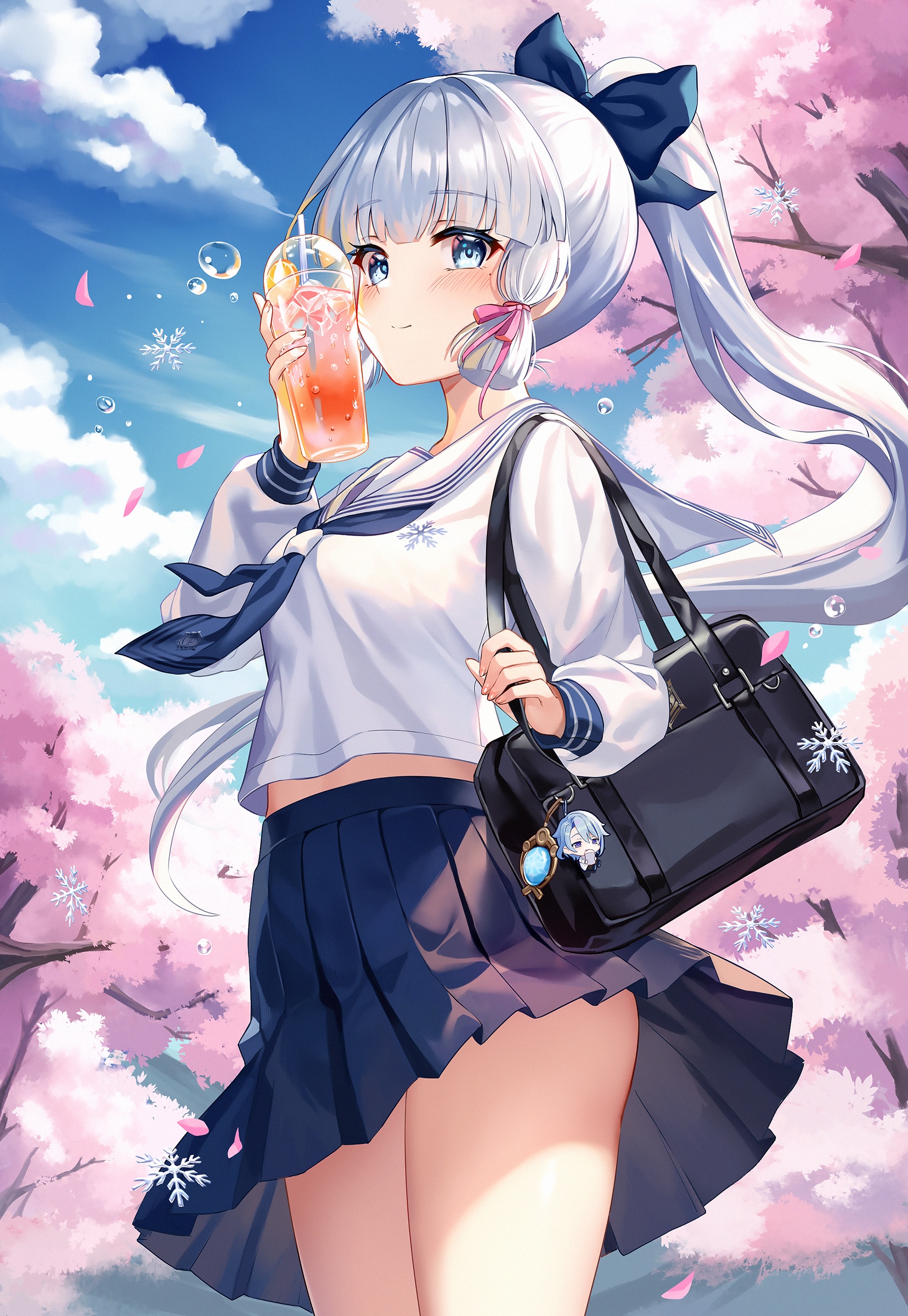 Kamisato Ayaka from Genshin Impact with a drink HD Phone Wallpaper