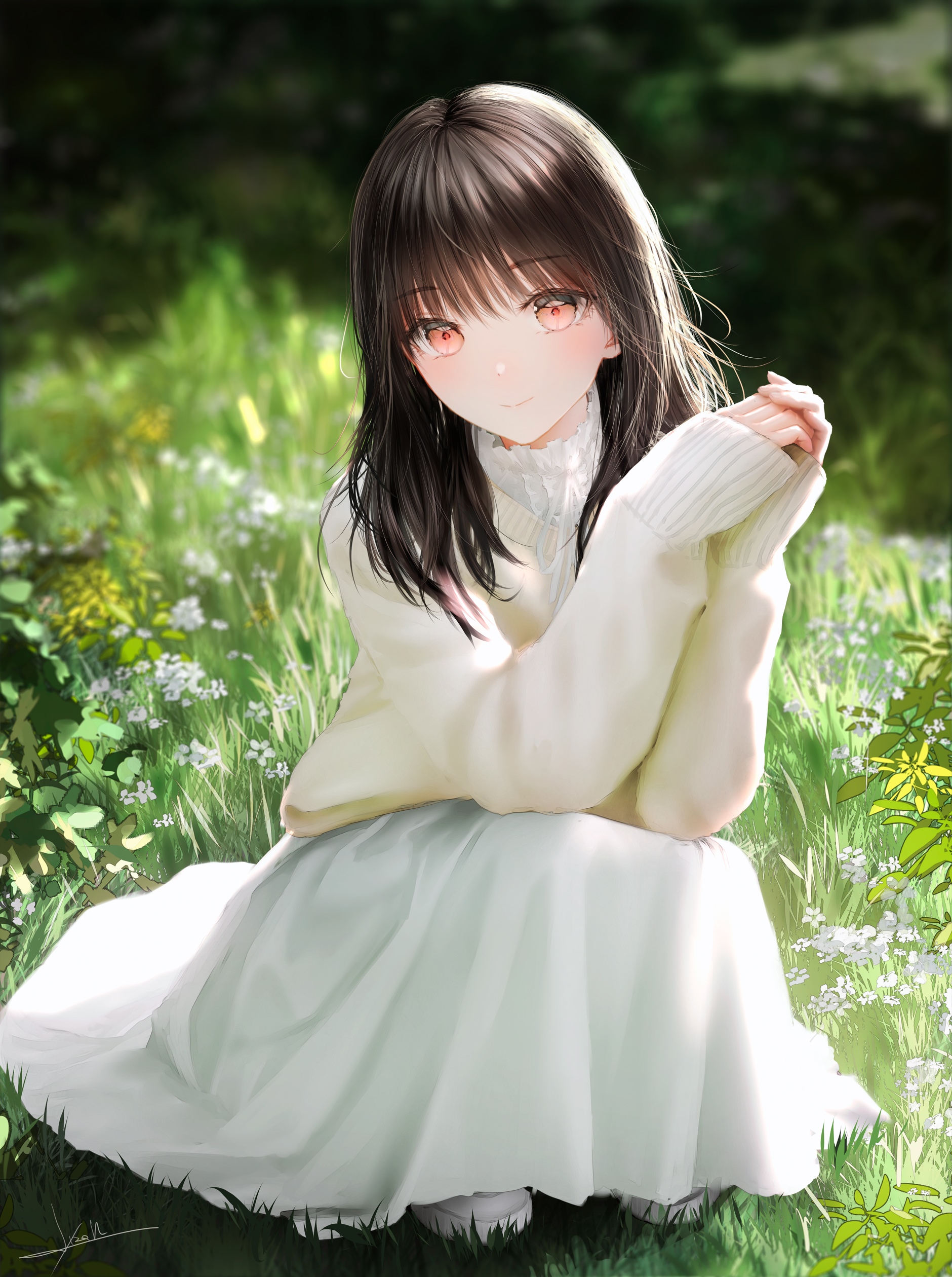 Anime girl with dark hair sitting in grass HD Phone Wallpaper