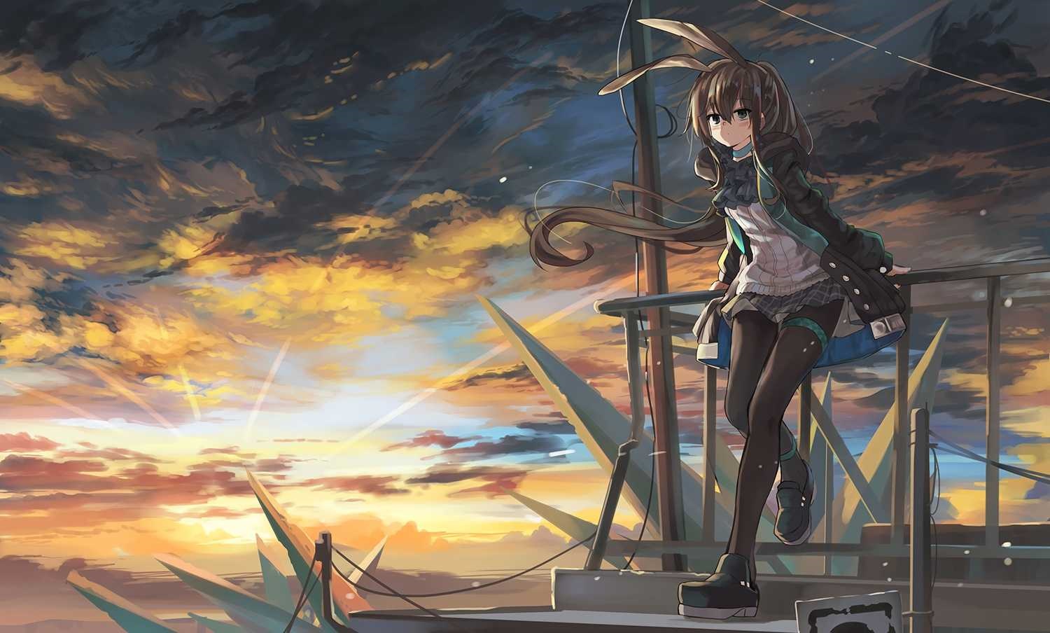 Amiya from Arknights standing on a platform at sunset HD Wallpaper