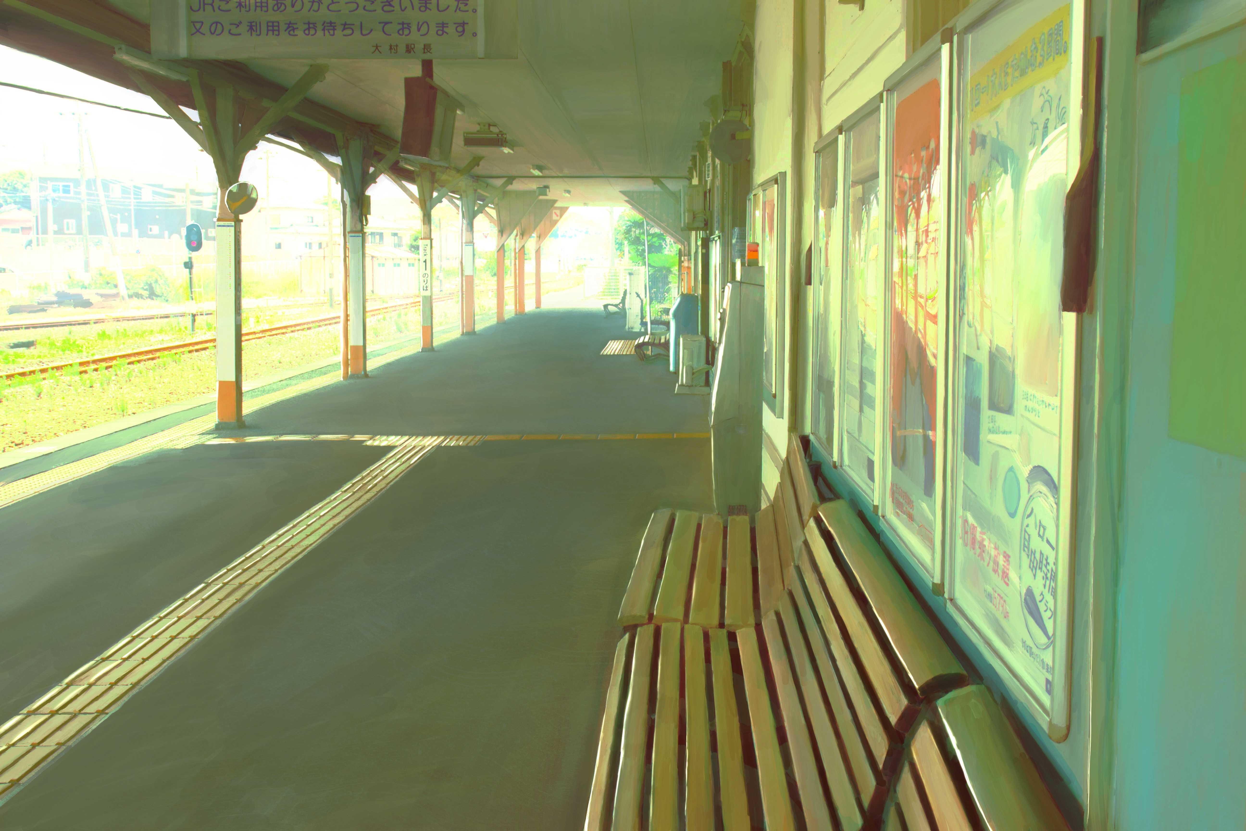 4K Japanese train station platform with benches and posters HD Wallpaper