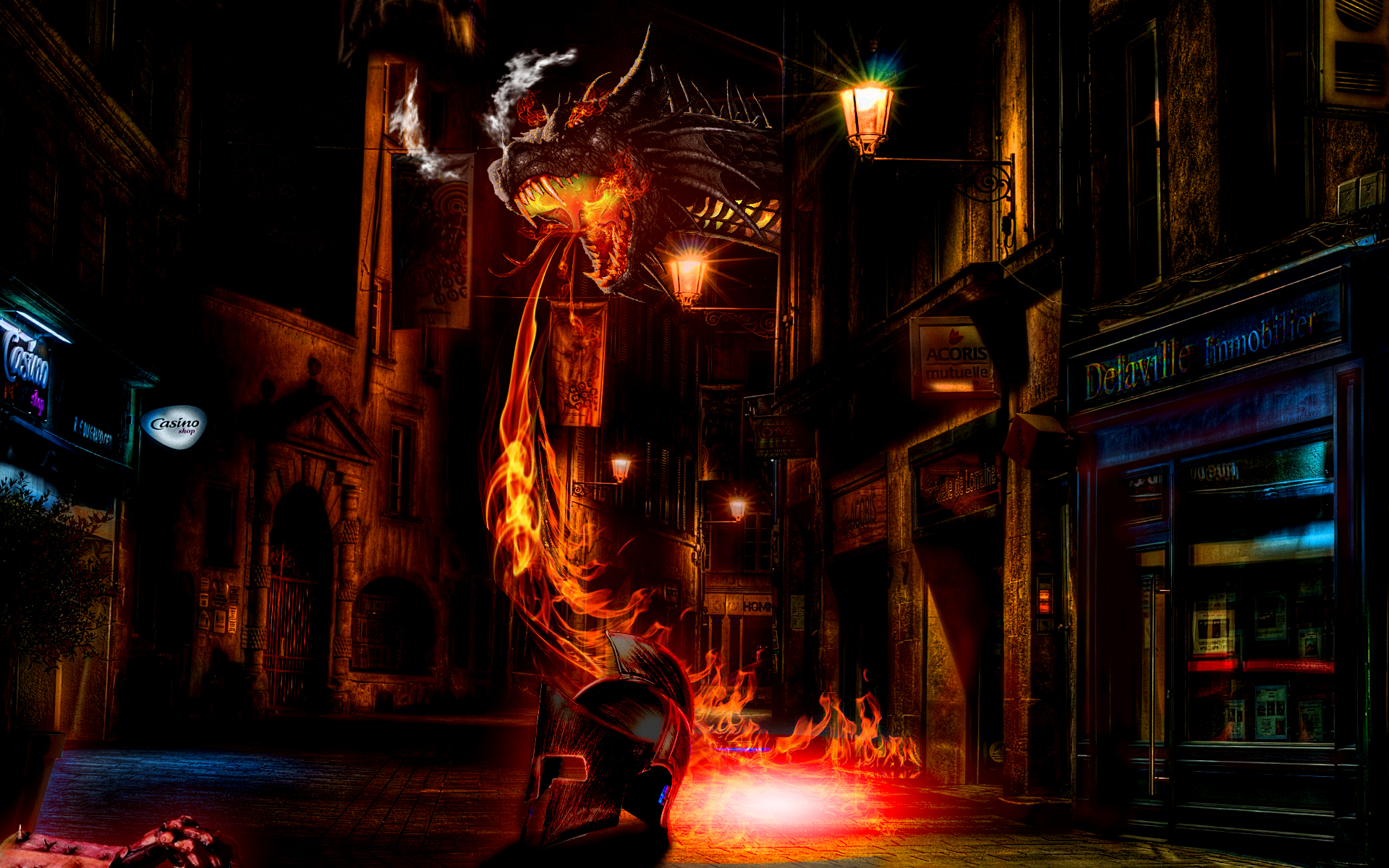 Fantasy Dragon Breathing Fire in a City Alley HD Wallpaper