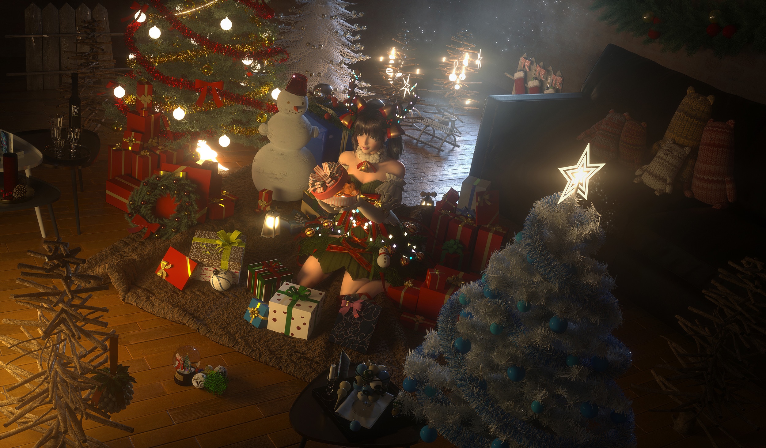 Woman with Christmas lights and presents HD Wallpaper
