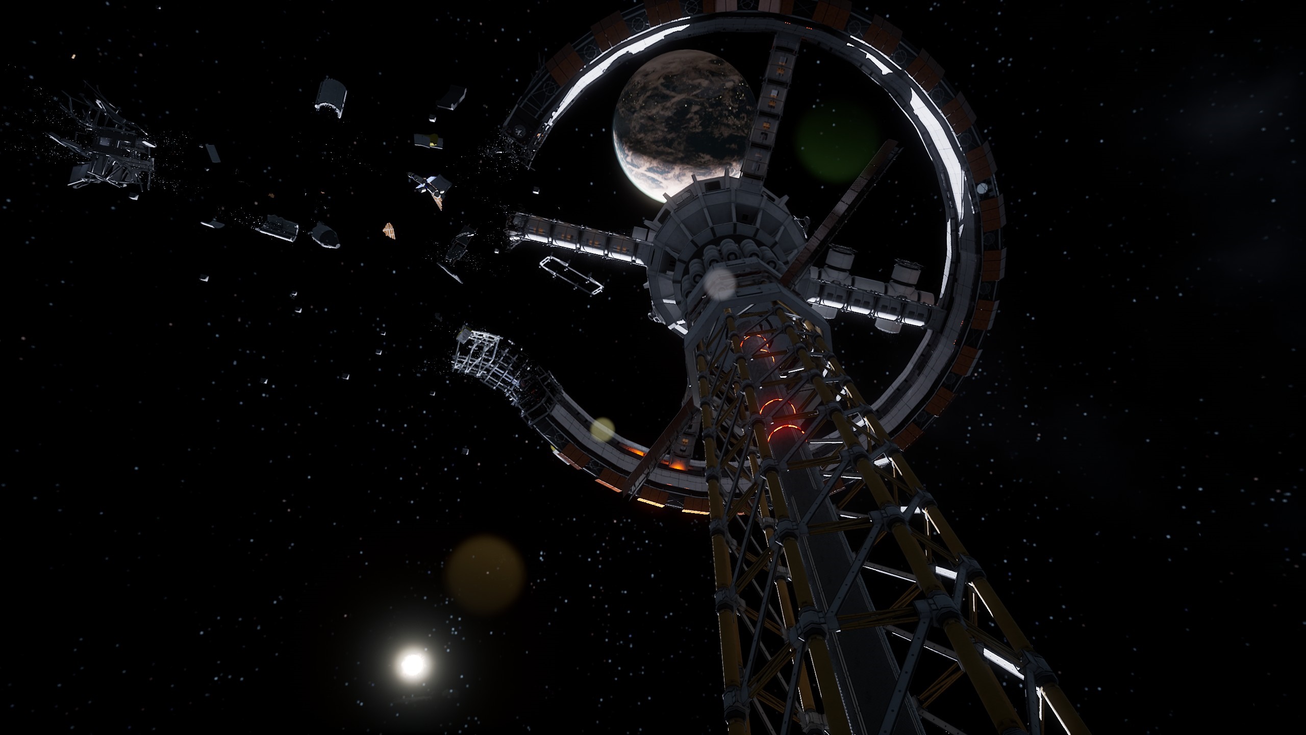 Space station in orbit with debris and a planet HD Wallpaper