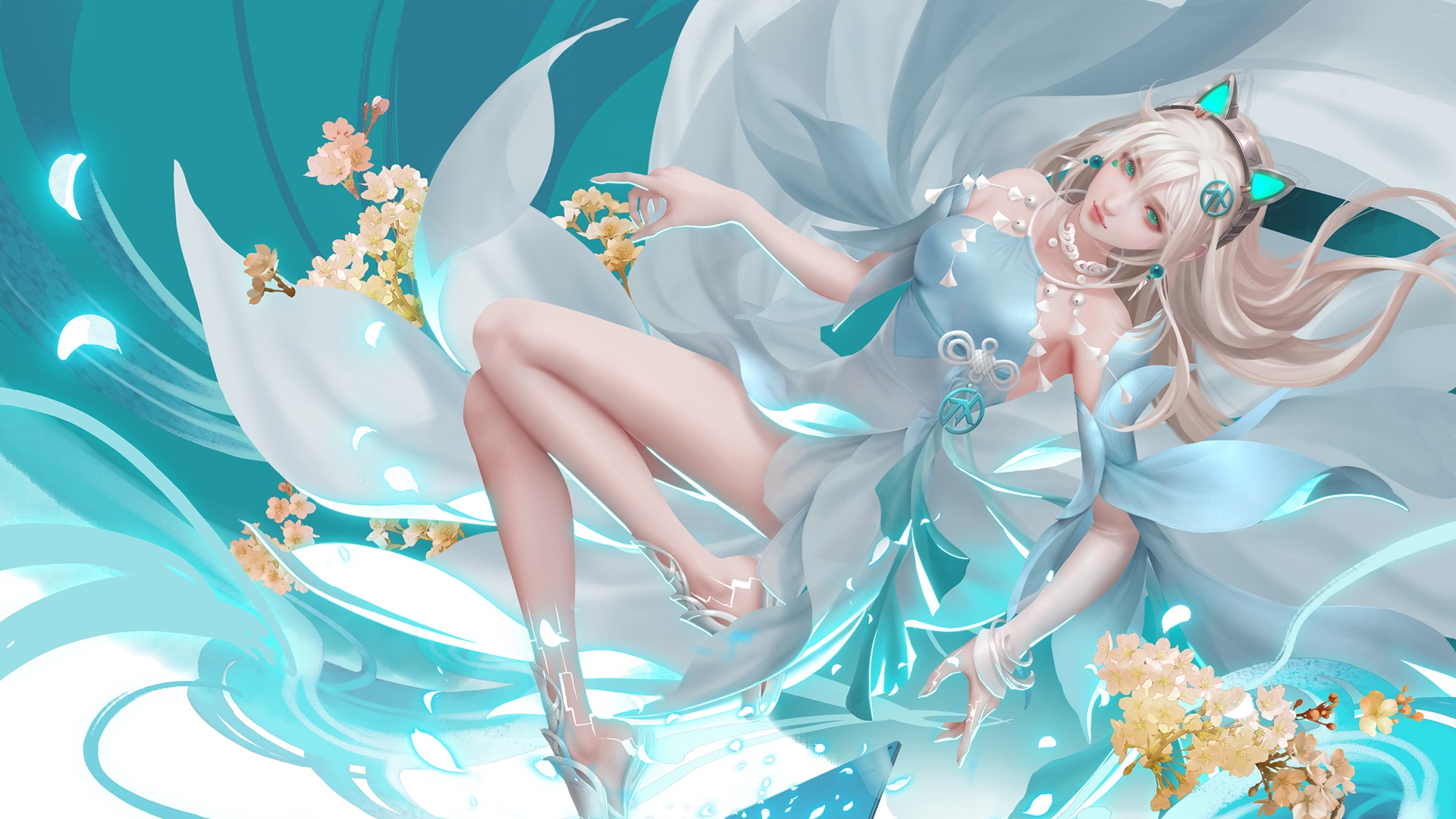 Anime girl with cat ears and flowers HD Wallpaper