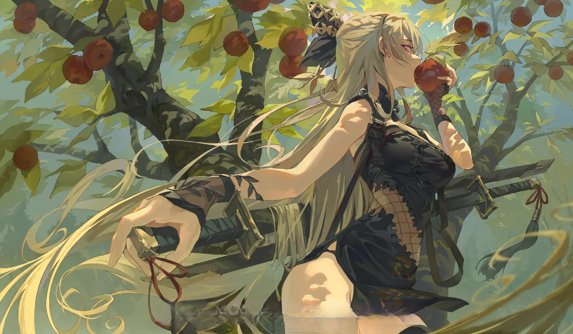 Anime girl with blonde hair eating an apple under a tree HD Wallpaper