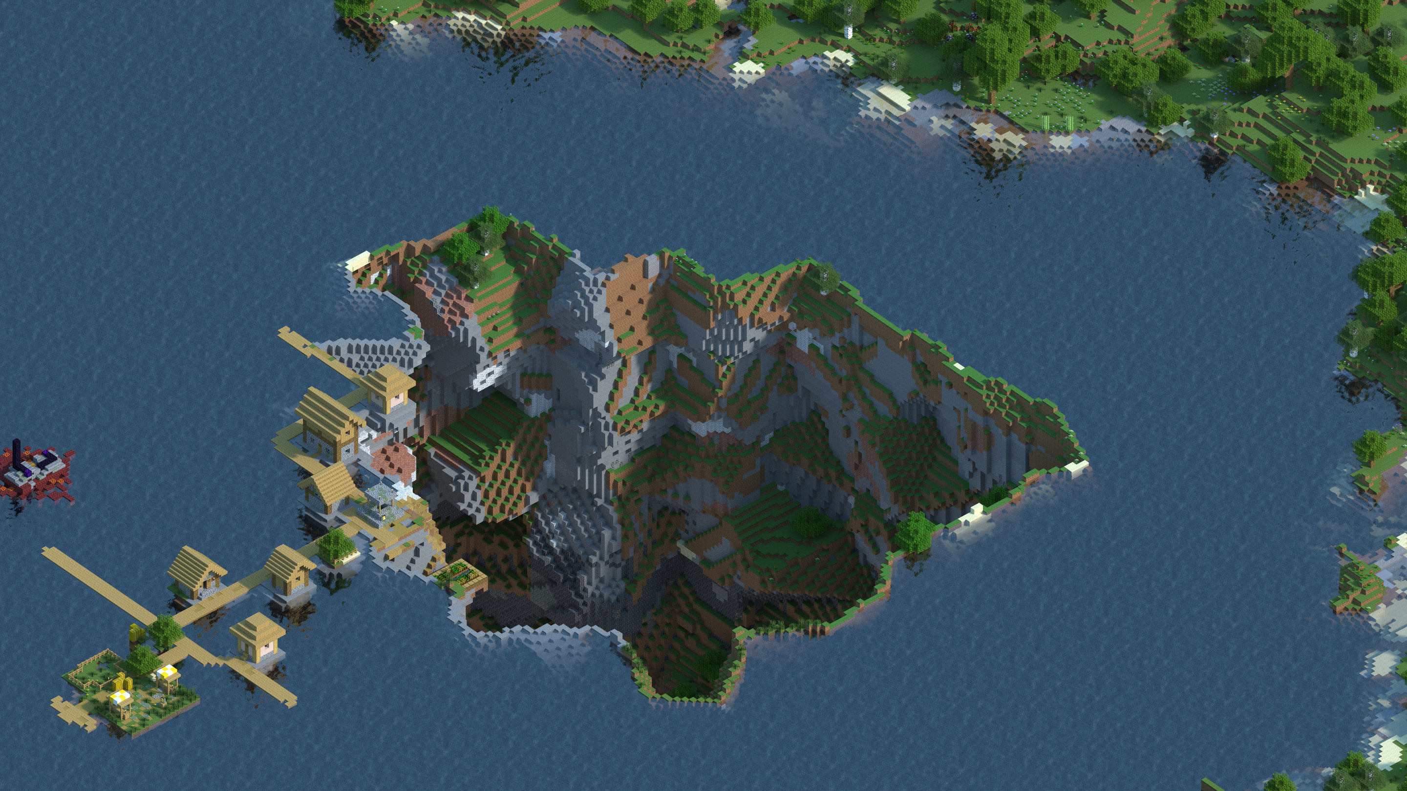 Minecraft island village with a large mountain HD Wallpaper
