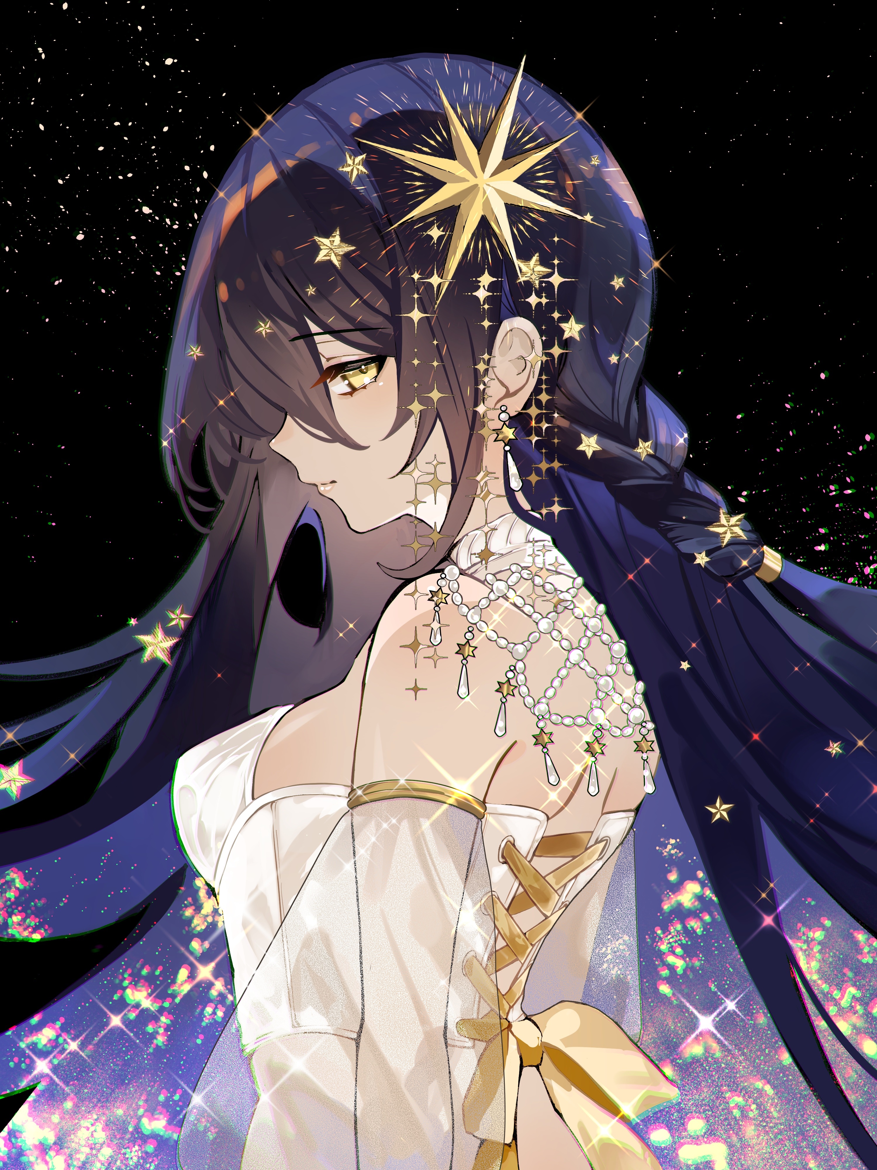 Anime girl with stars in her hair and yellow eyes HD Phone Wallpaper
