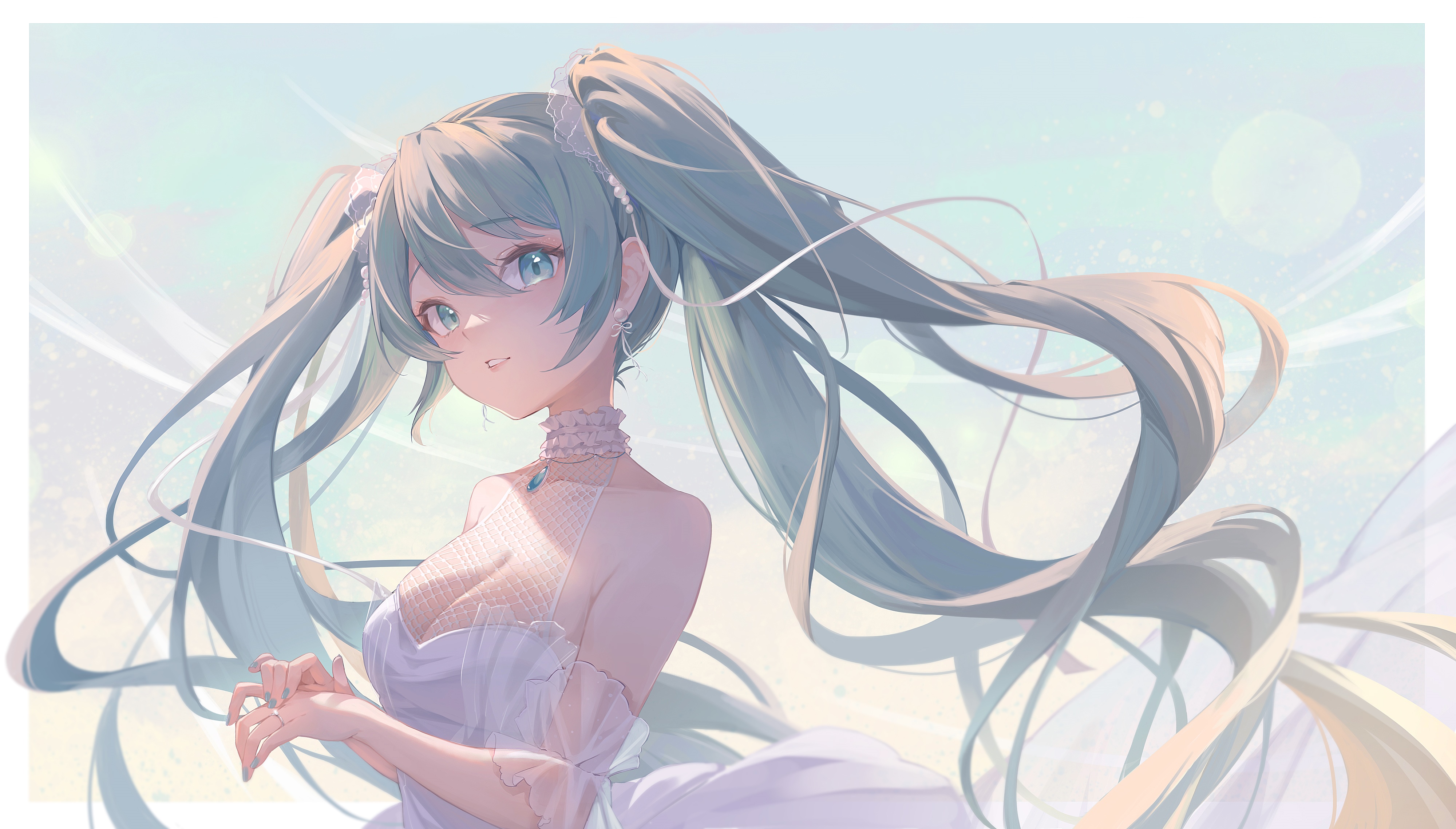 Hatsune Miku in a white dress with blue hair HD Wallpaper
