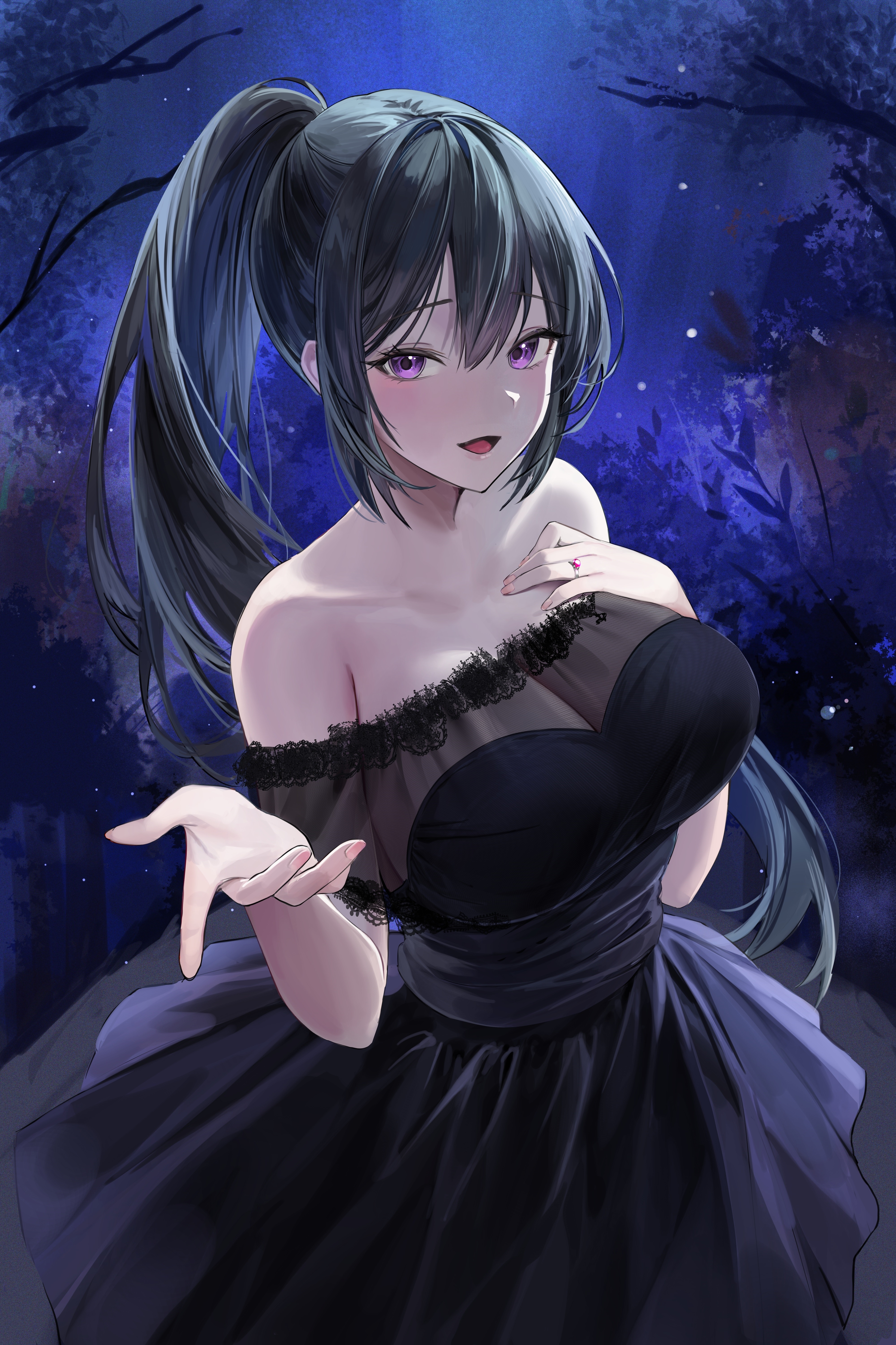 Anime girl with purple eyes and black dress HD Phone Wallpaper
