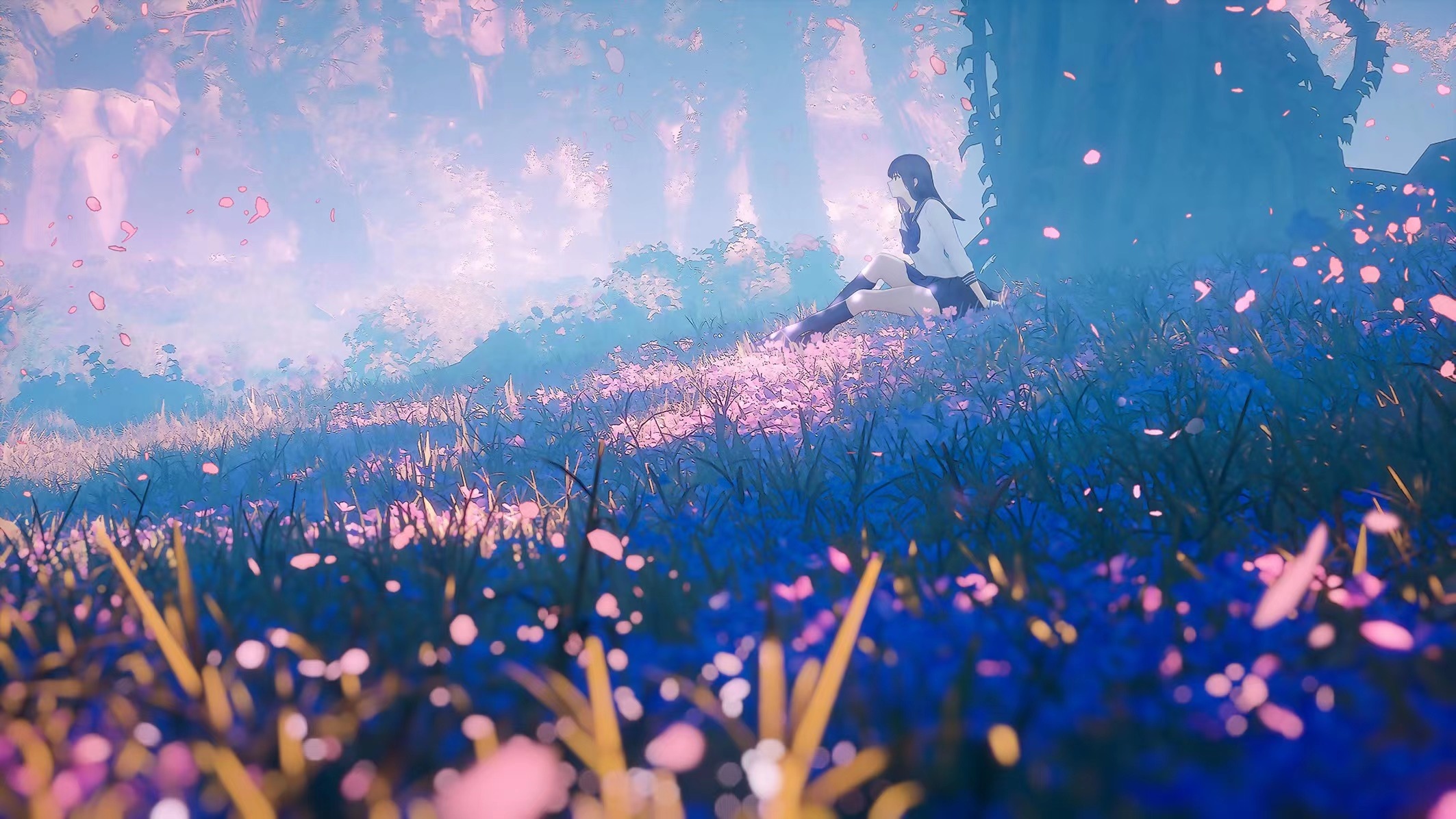 Schoolgirl sitting in a field of flowers HD Wallpaper