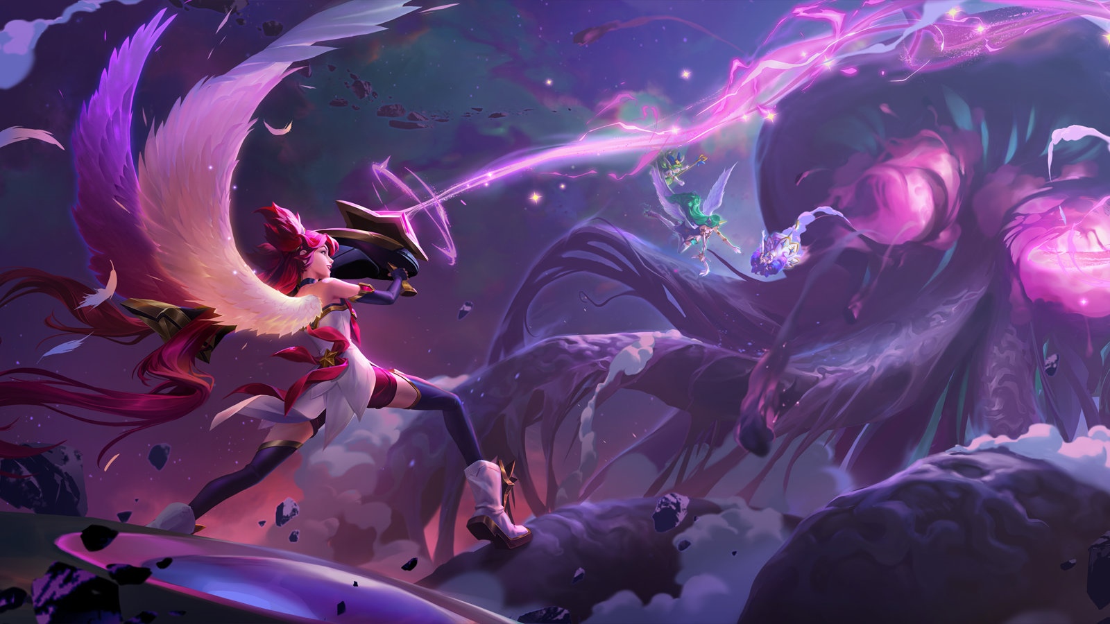 Star Guardian characters fighting a large monster in space HD Wallpaper