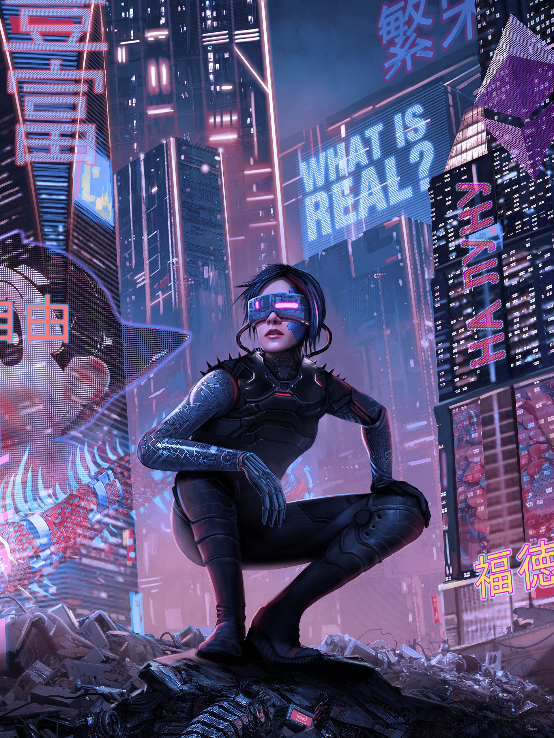 Cyberpunk woman in futuristic city with neon signs HD Phone Wallpaper