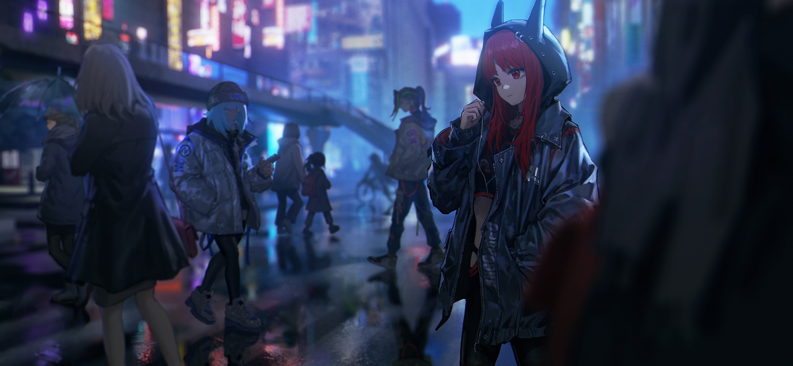 Girl with red eyes and cat ears in a city at night HD Wallpaper