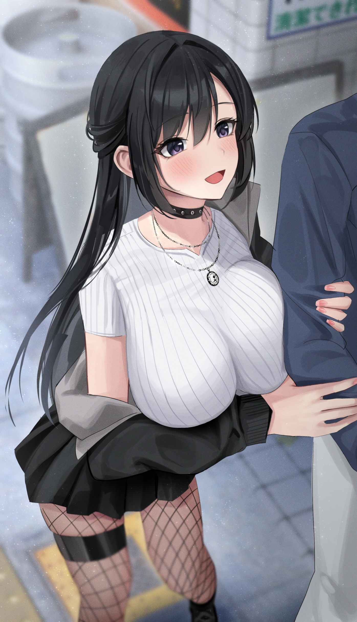 Anime girl with black hair wearing choker and fishnets HD Phone Wallpaper